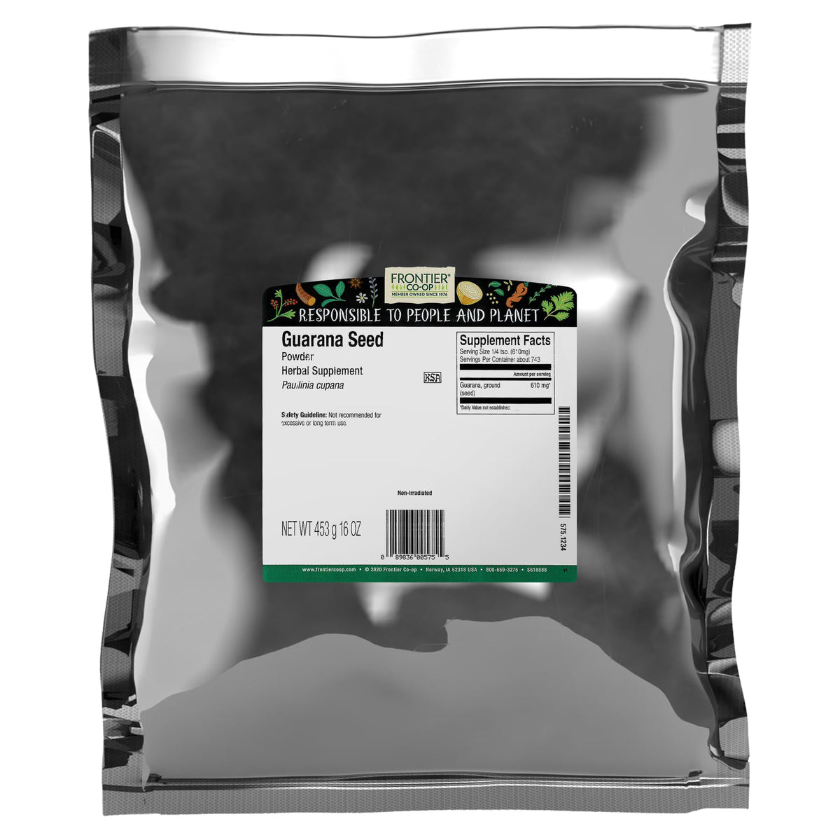 Frontier Co-op Guarana Powder bulk bag for energizing beverages and smooth blends.