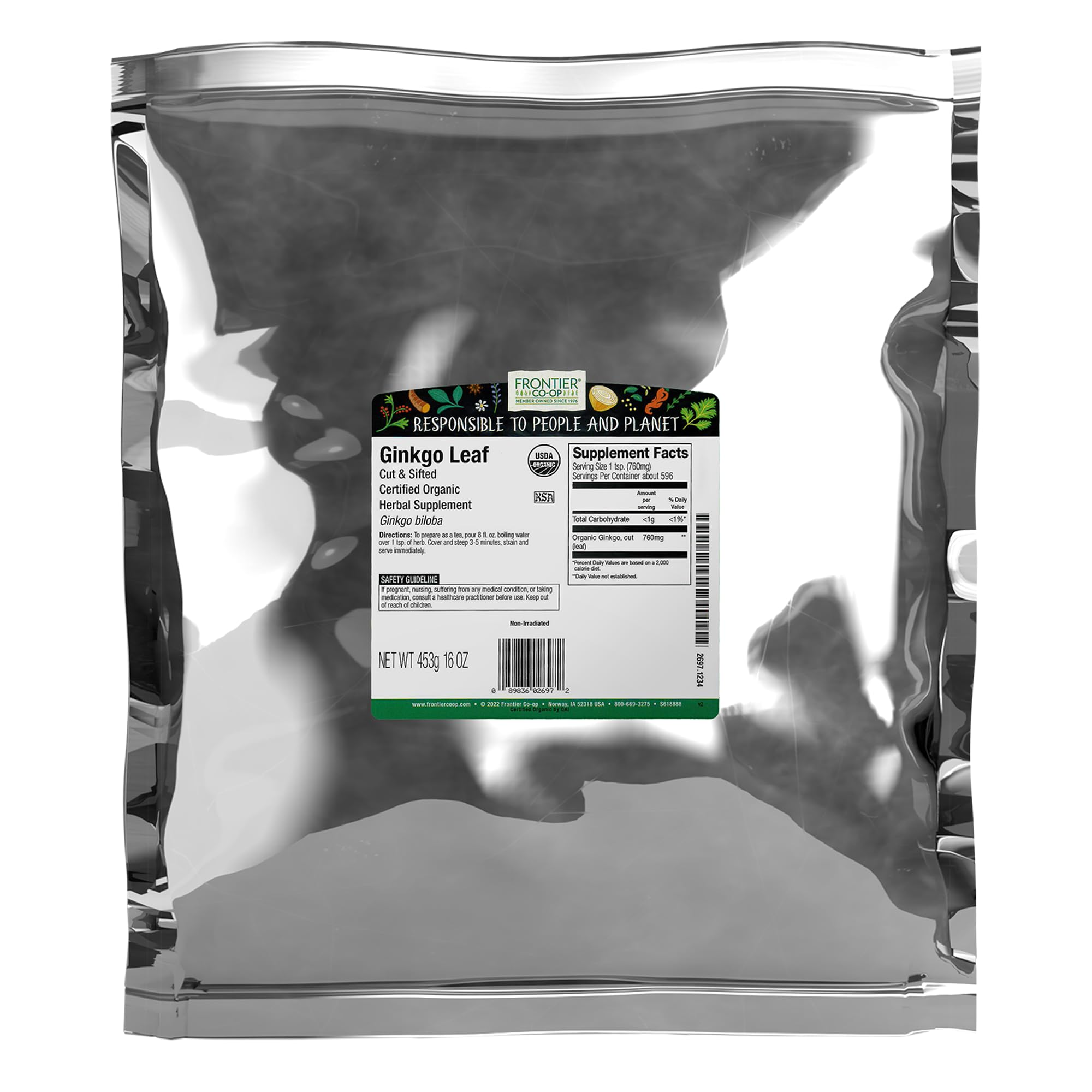 Frontier Co-op Organic Ginkgo Leaf 1lb bulk bag, ideal for brewing tea.