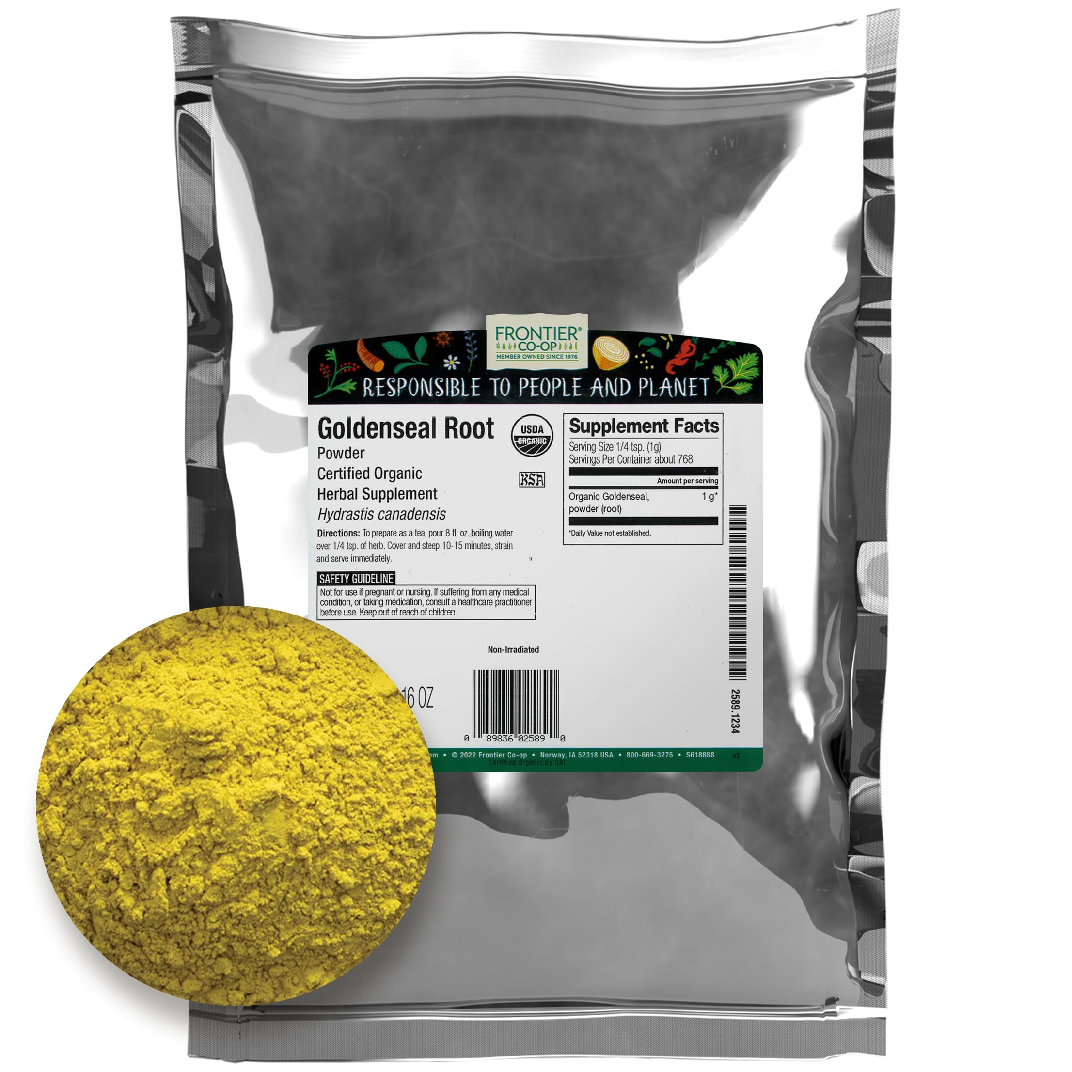 Frontier Co-op organic goldenseal root powder bottle showing vibrant yellow hue for tea or tincture use.