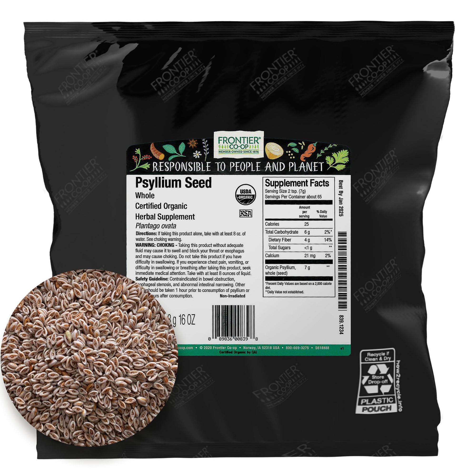 Frontier Co-op Organic Whole Psyllium Seed 1lb bag ready for fiber-rich smoothies and baking.
