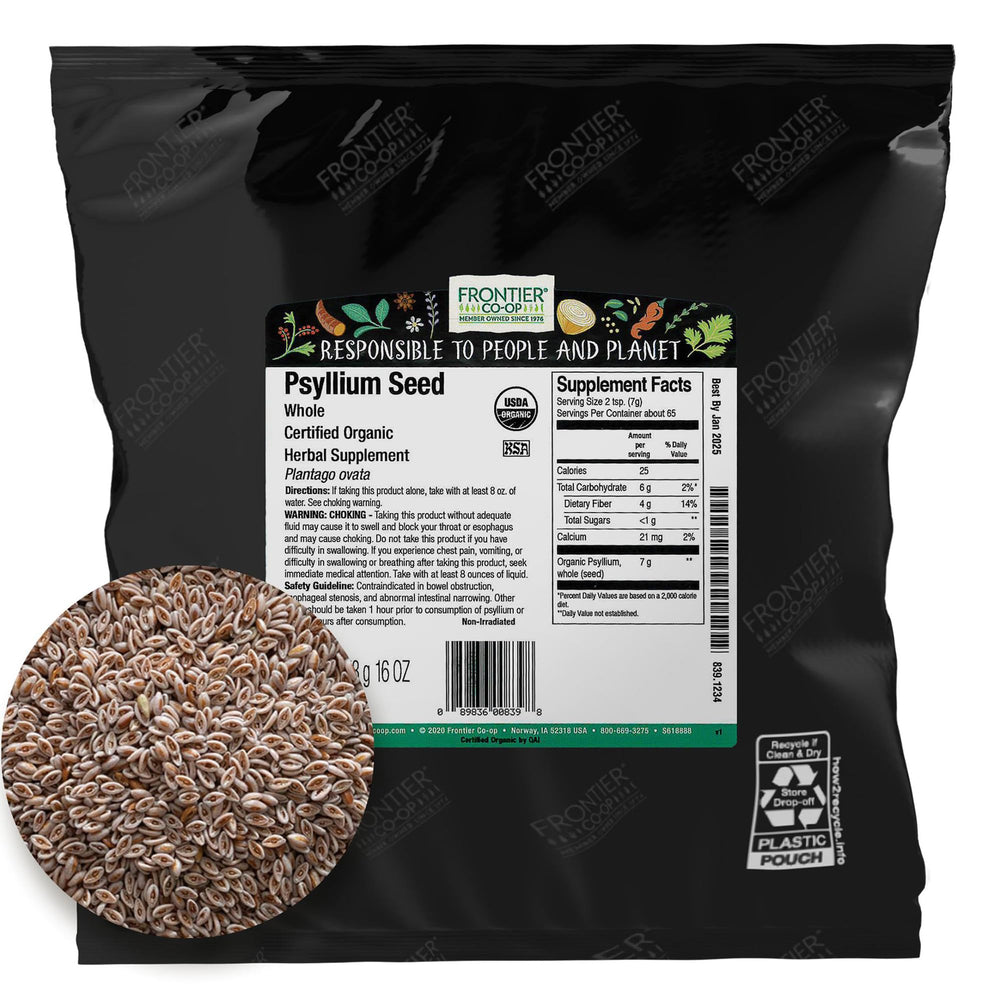 Frontier Co-op Organic Whole Psyllium Seed 1lb bag ready for fiber-rich smoothies and baking.