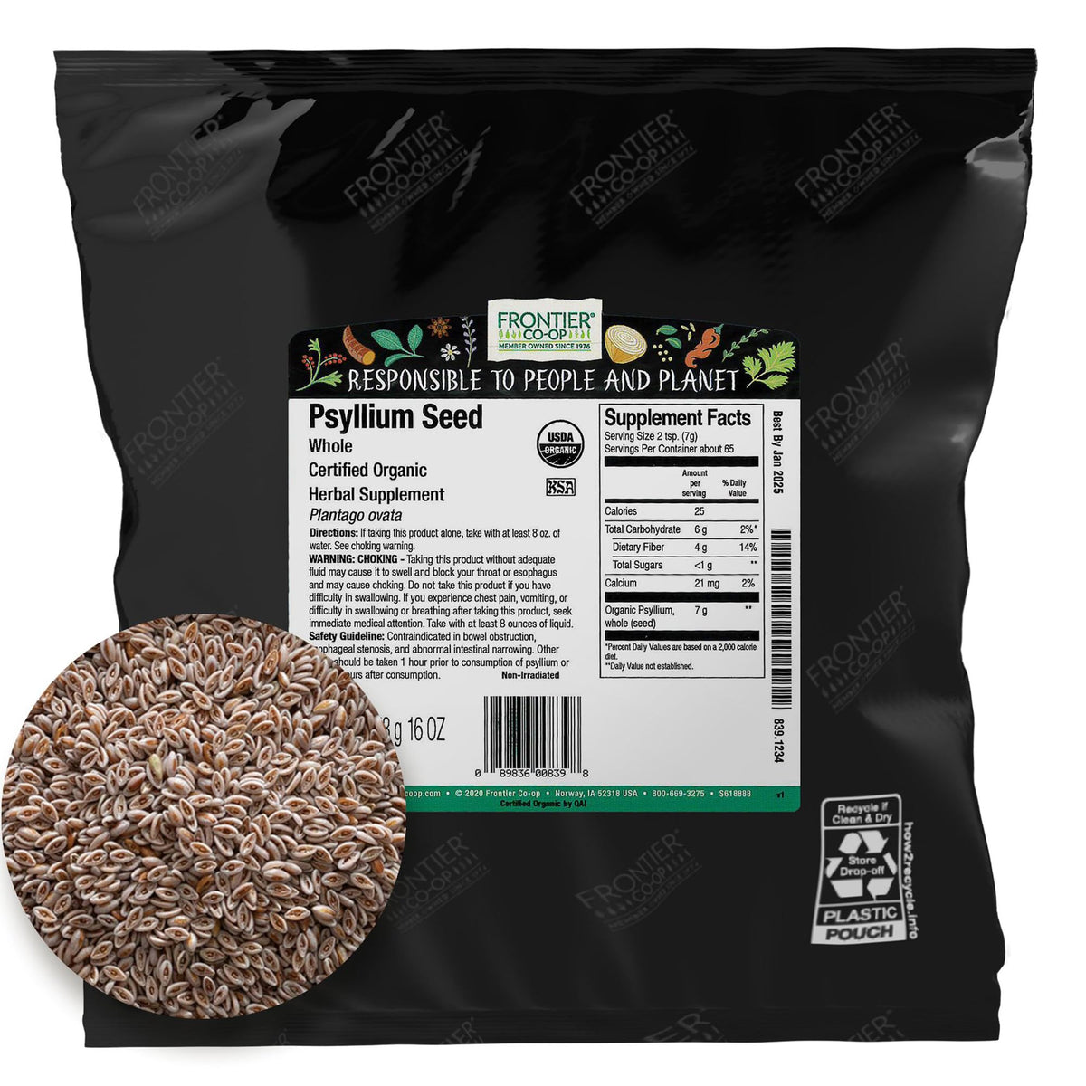 Frontier Co-op Organic Whole Psyllium Seed 1lb bag ready for fiber-rich smoothies and baking.