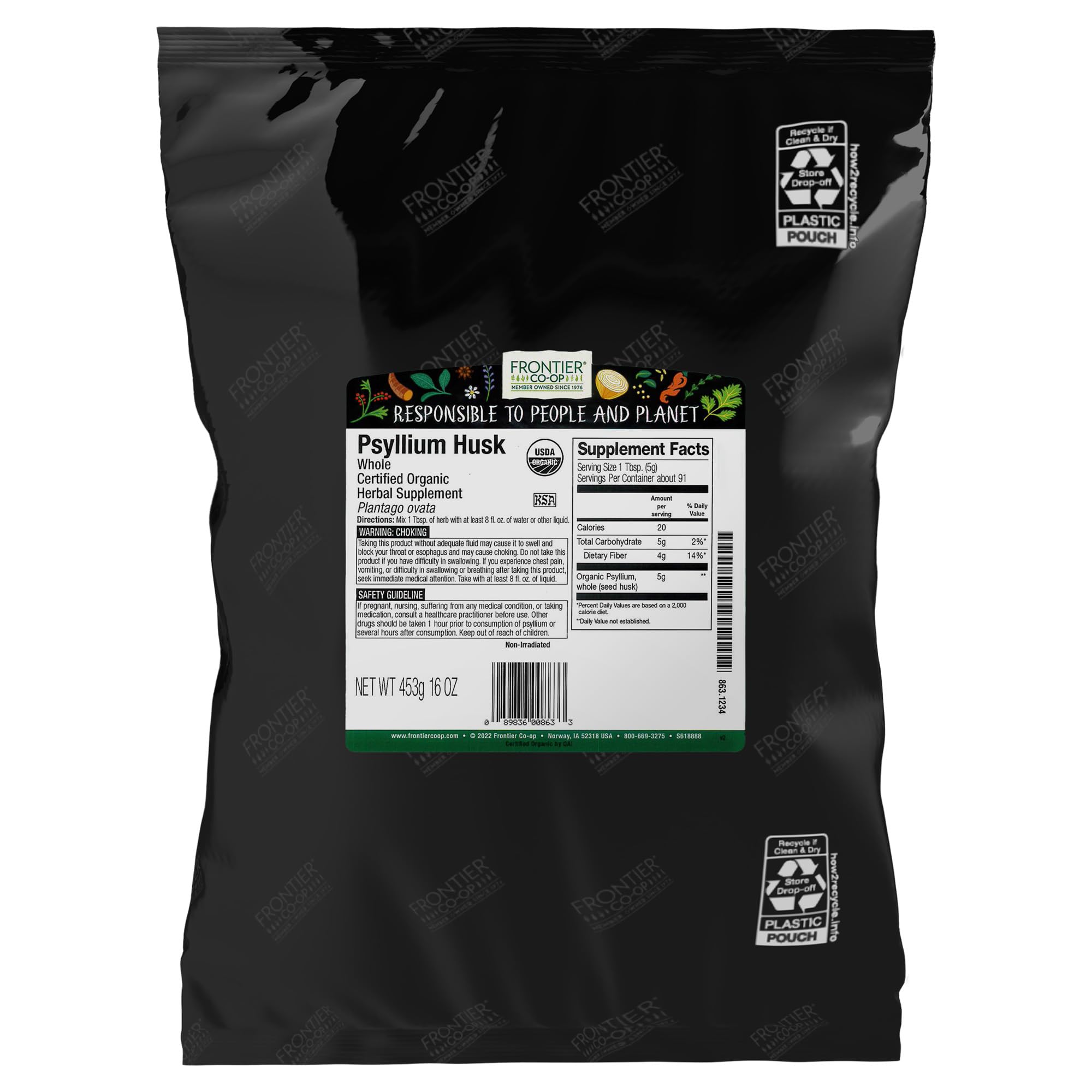Frontier Co-op Organic Psyllium Husk bottle shows gluten-free whole husk ideal for thickening