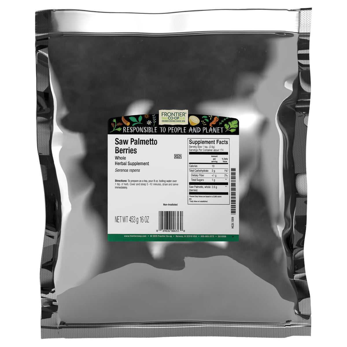Frontier Co-op saw palmetto berries in a bulk bag, ideal for teas and recipes.
