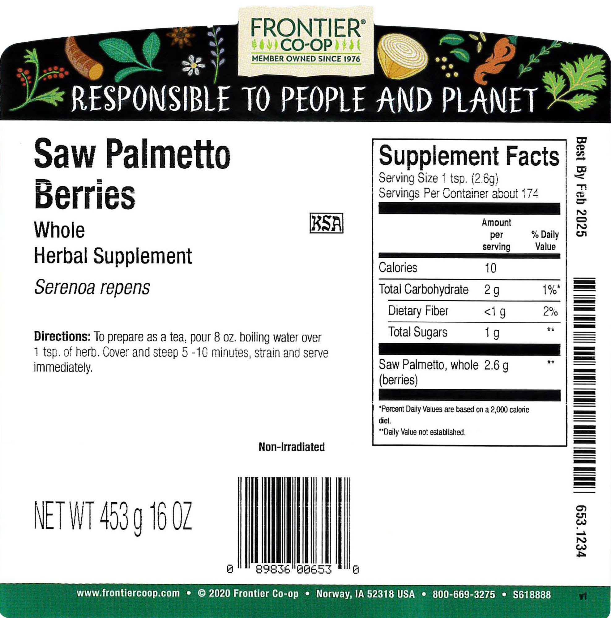 Frontier Co-op saw palmetto berries close-up, dark purple to black fruit.