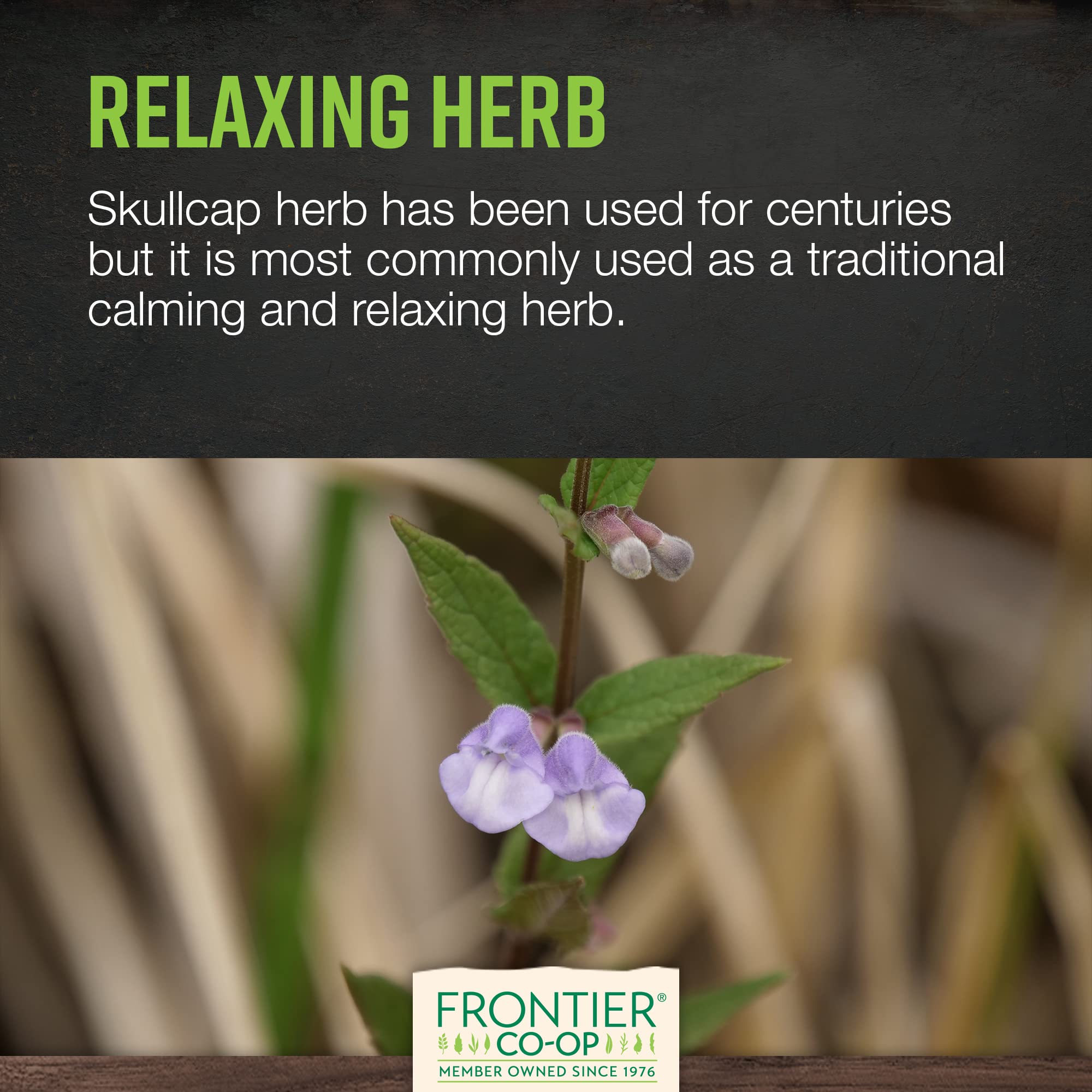Frontier Co-op Skullcap U.S. farm sourcing highlights sustainable quality.