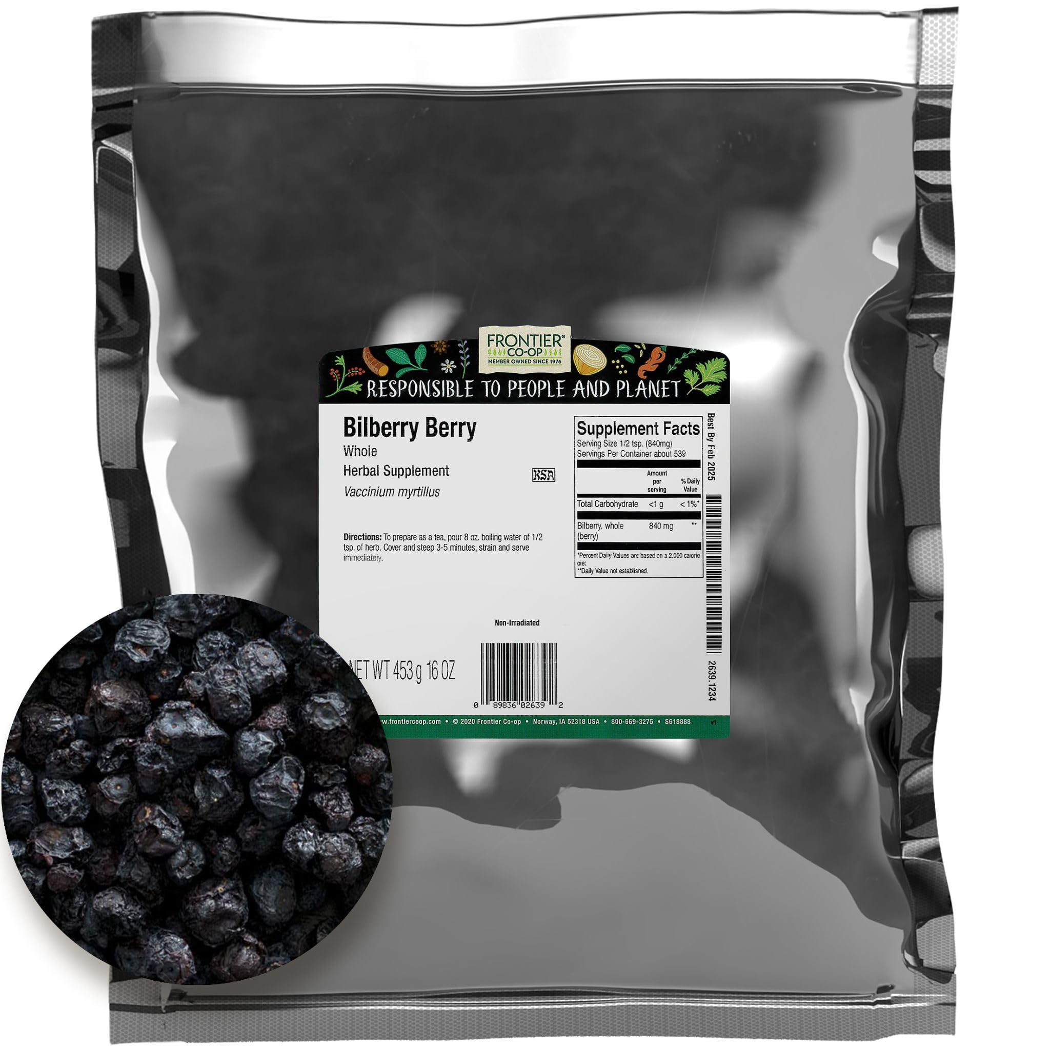 Frontier Co-op bilberry berries whole with vibrant color, ideal in desserts or infusions.