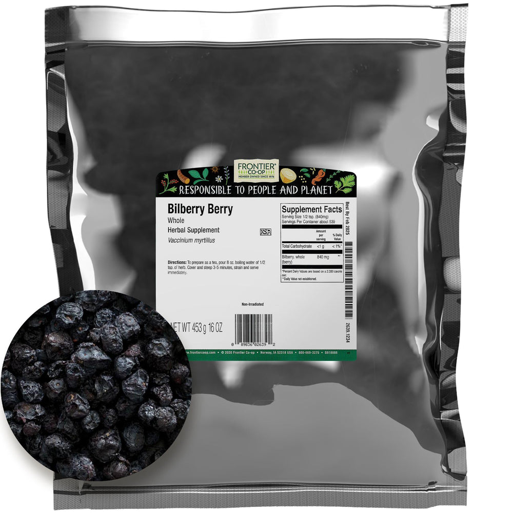 Frontier Co-op bilberry berries whole with vibrant color, ideal in desserts or infusions.