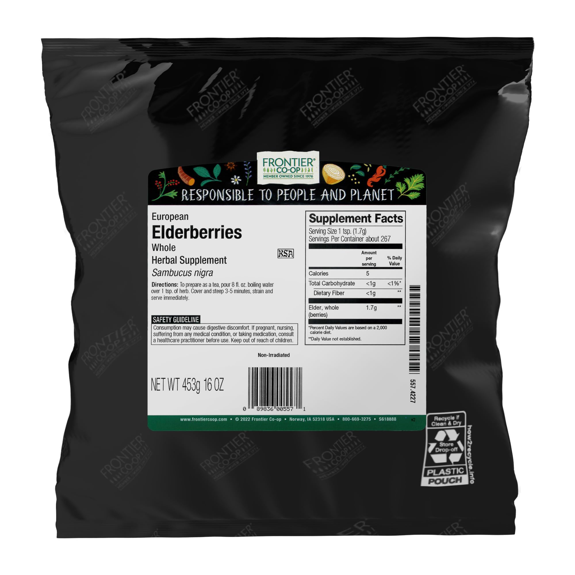 Frontier Co-op European elderberries in a whole bag, ideal for tea and syrups.