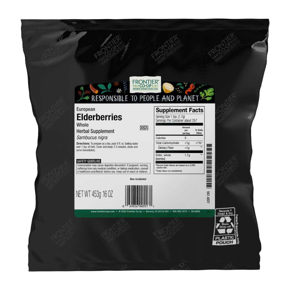 Frontier Co-op European elderberries in a whole bag, ideal for tea and syrups.