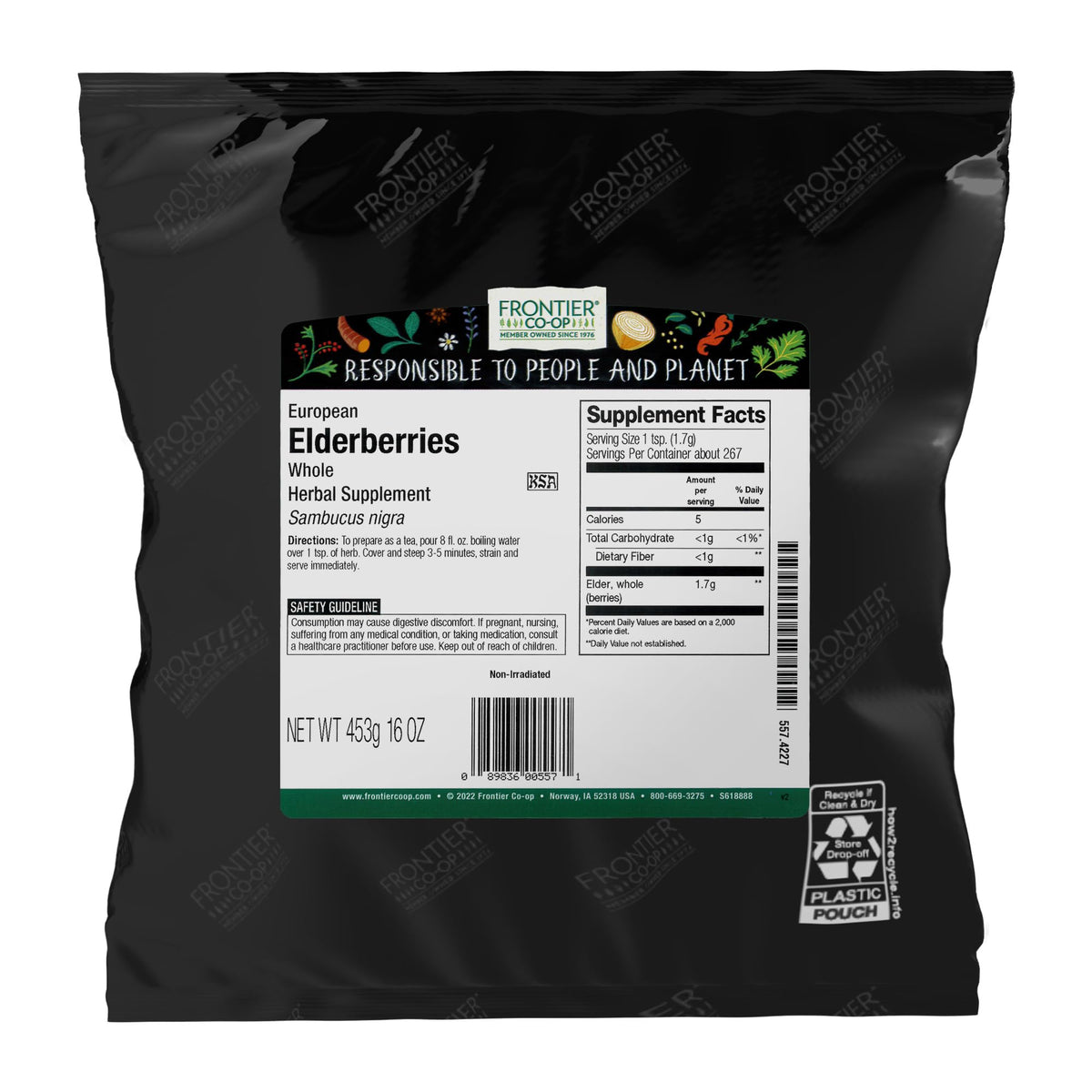 Frontier Co-op European elderberries in a whole bag, ideal for tea and syrups.