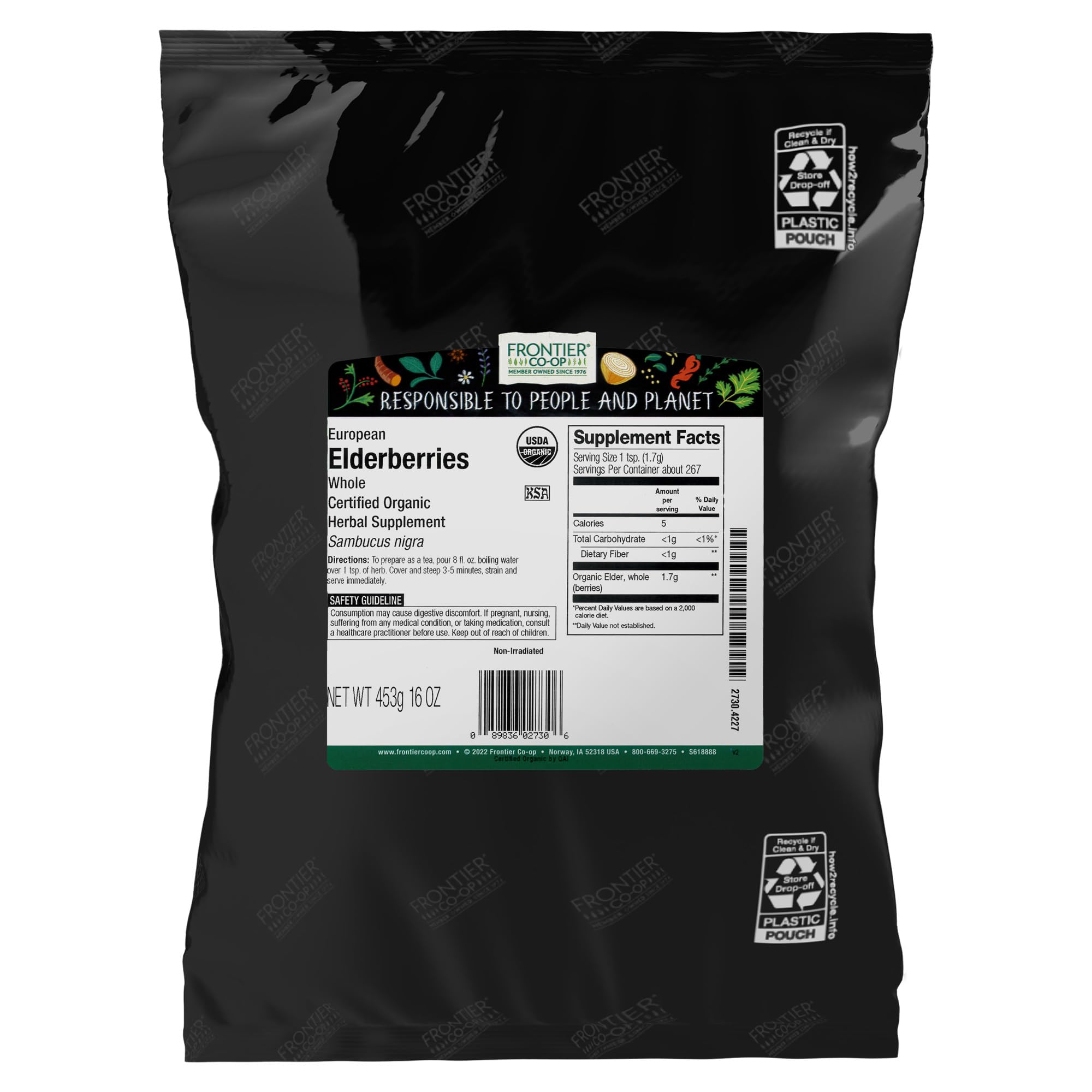 Frontier Elderberries whole organic 1lb pack 2 for tea infusions and jams.