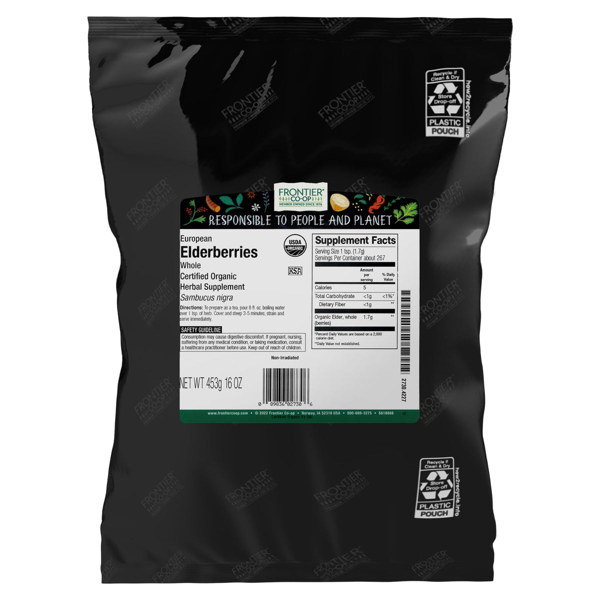 Frontier Elderberries whole organic 1lb pack 2 for tea infusions and jams.