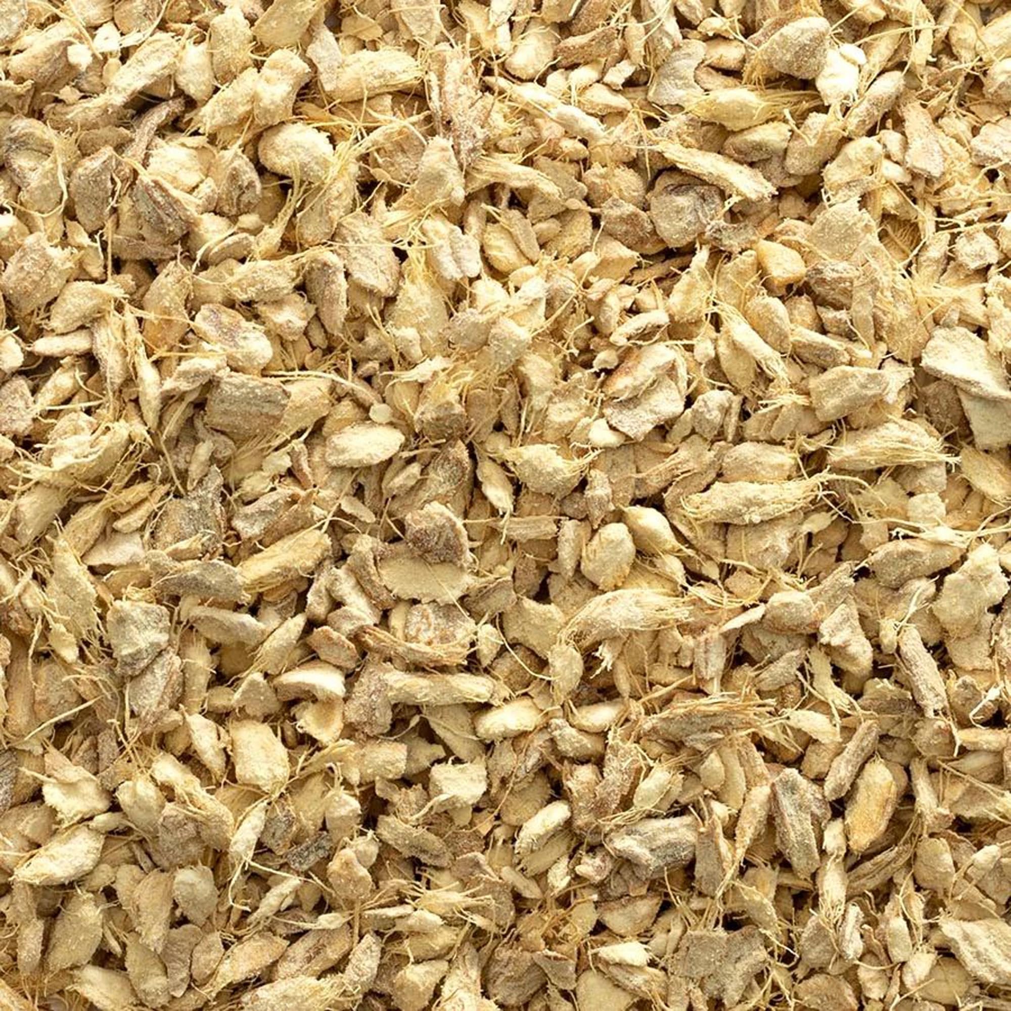 Frontier Co-op organic ginger root, cut and sifted, a pantry staple for warm beverages.
