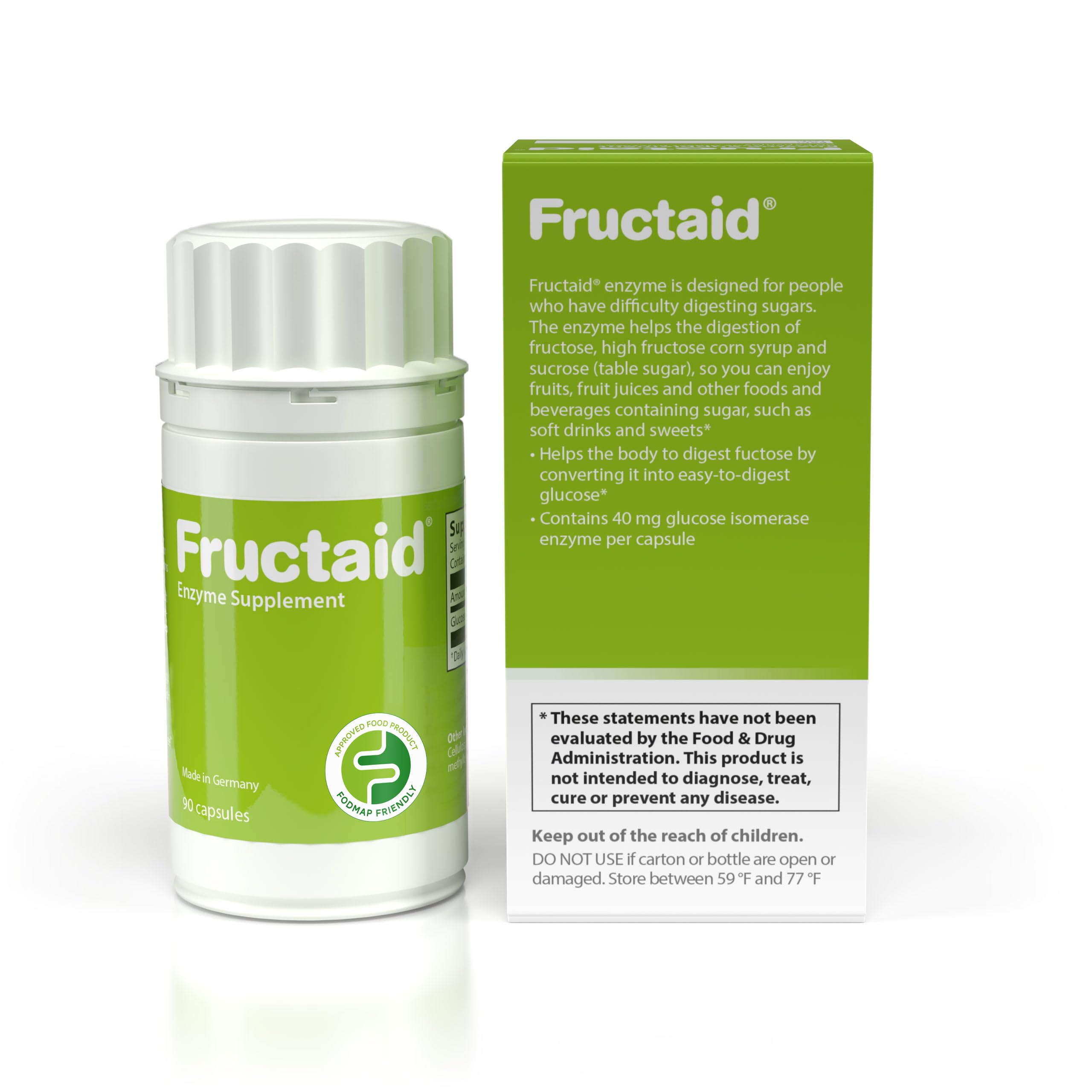 Fructaid 90 capsules pack for convenient daily digestive support of sugar-rich foods.