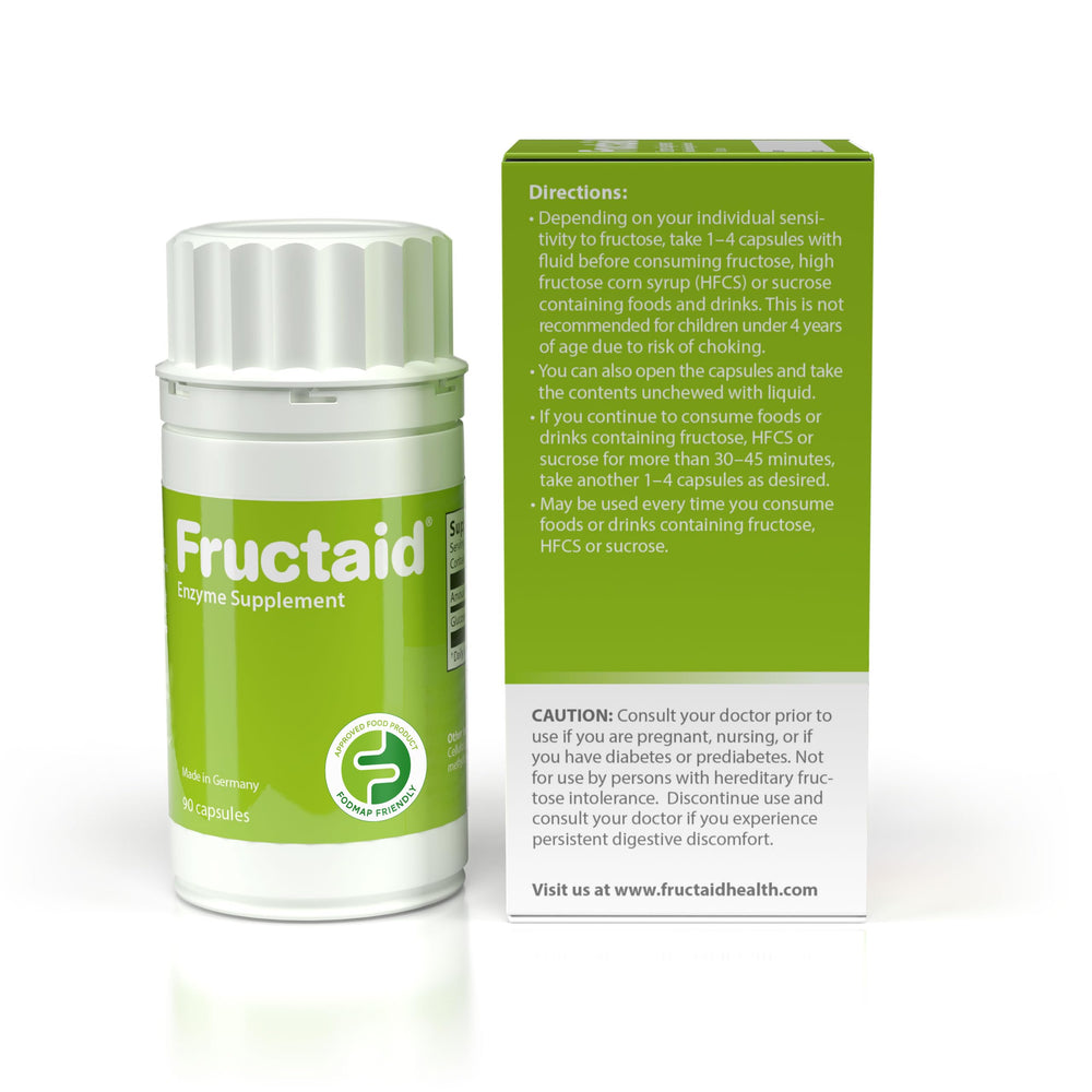 Fructaid capsules close-up showing gluten-free and lactose-free formula for sensitive diets.
