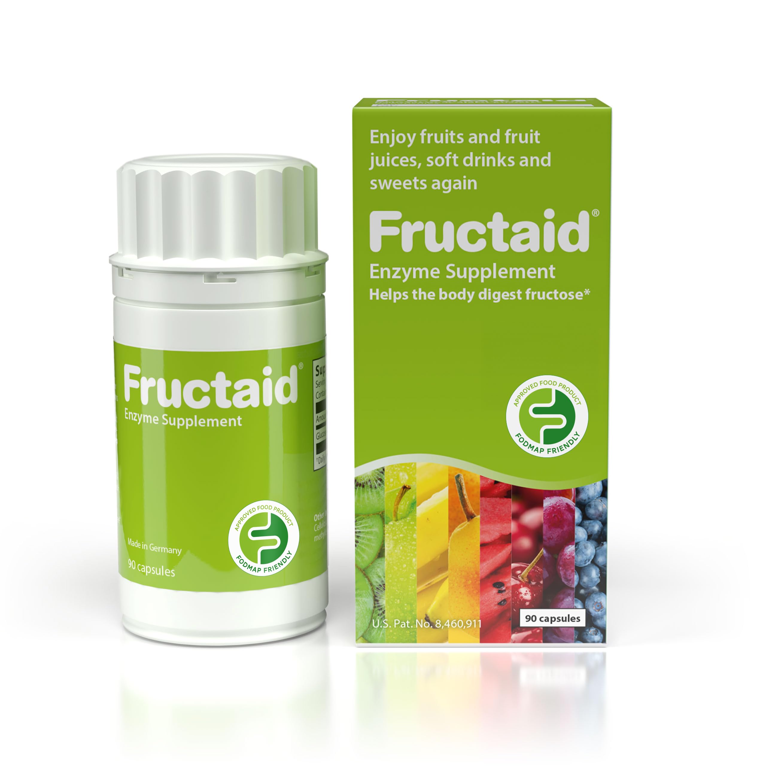 Fructaid enzyme supplement bottle for easy digestion of fructose during meals.