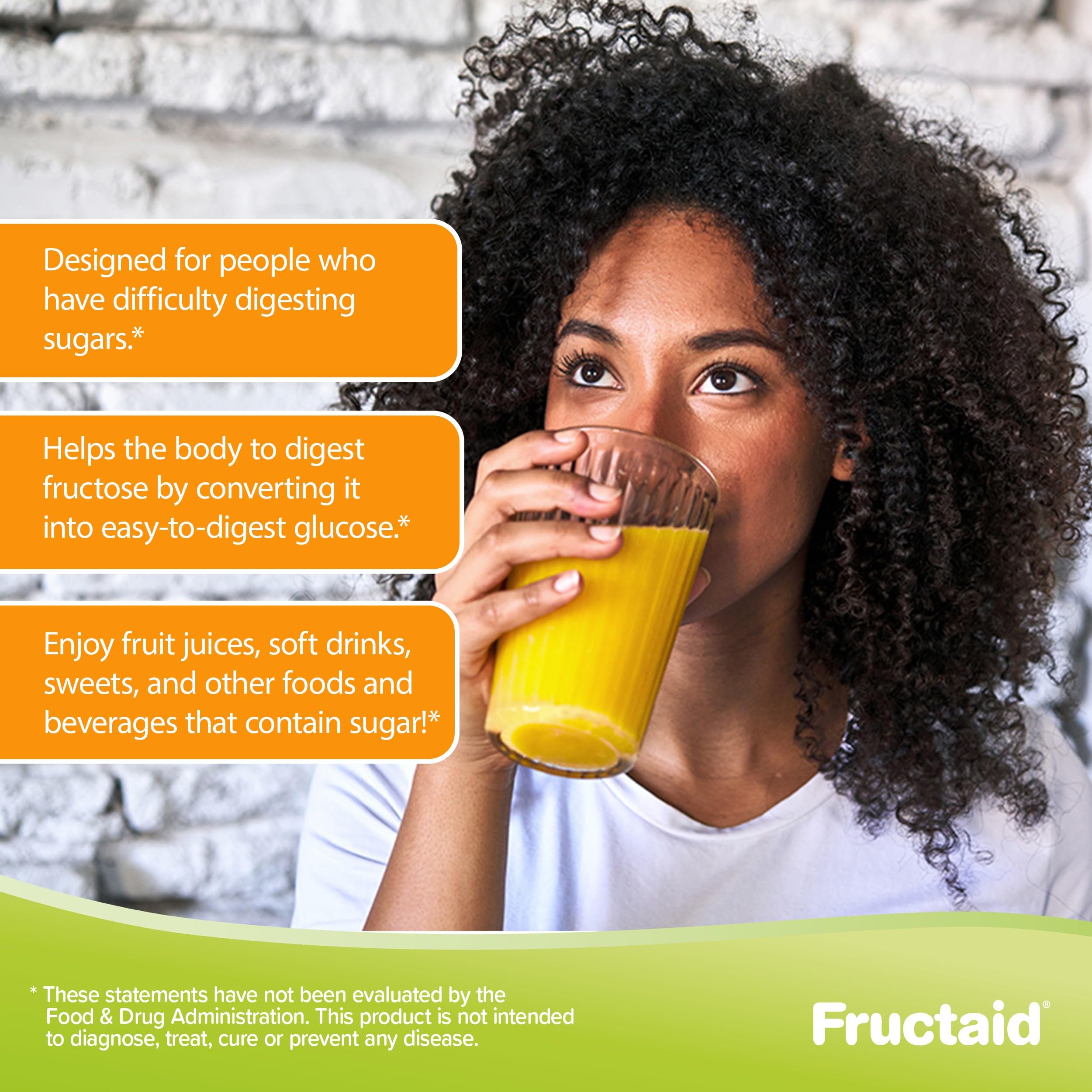 Fructaid bottle beside fruits and sweets—enzyme support for enjoying treats.