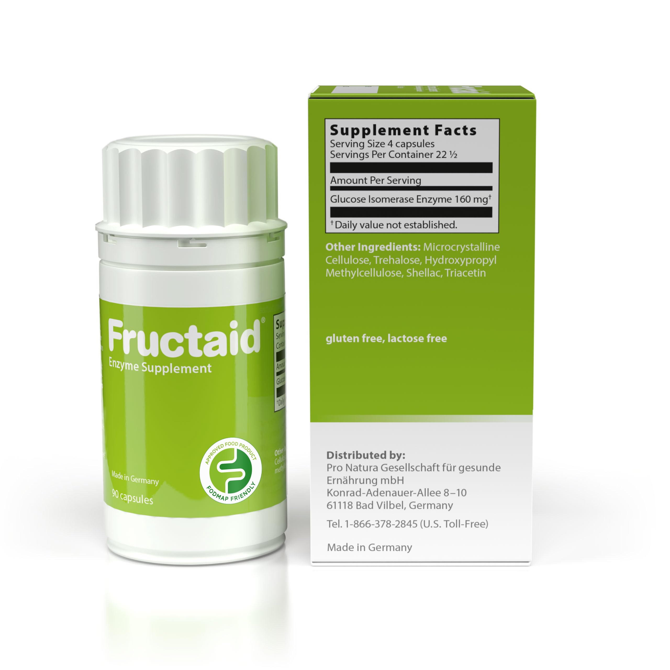Fructaid label highlights gluten-free and lactose-free features for vegetarian use.