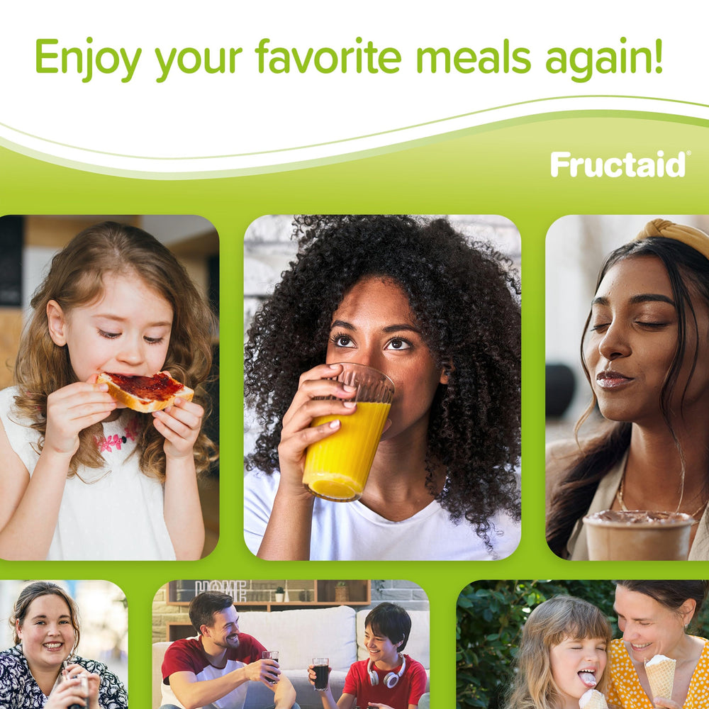 Fructaid on-the-go bottle as portable digestion aid for travel and meals.