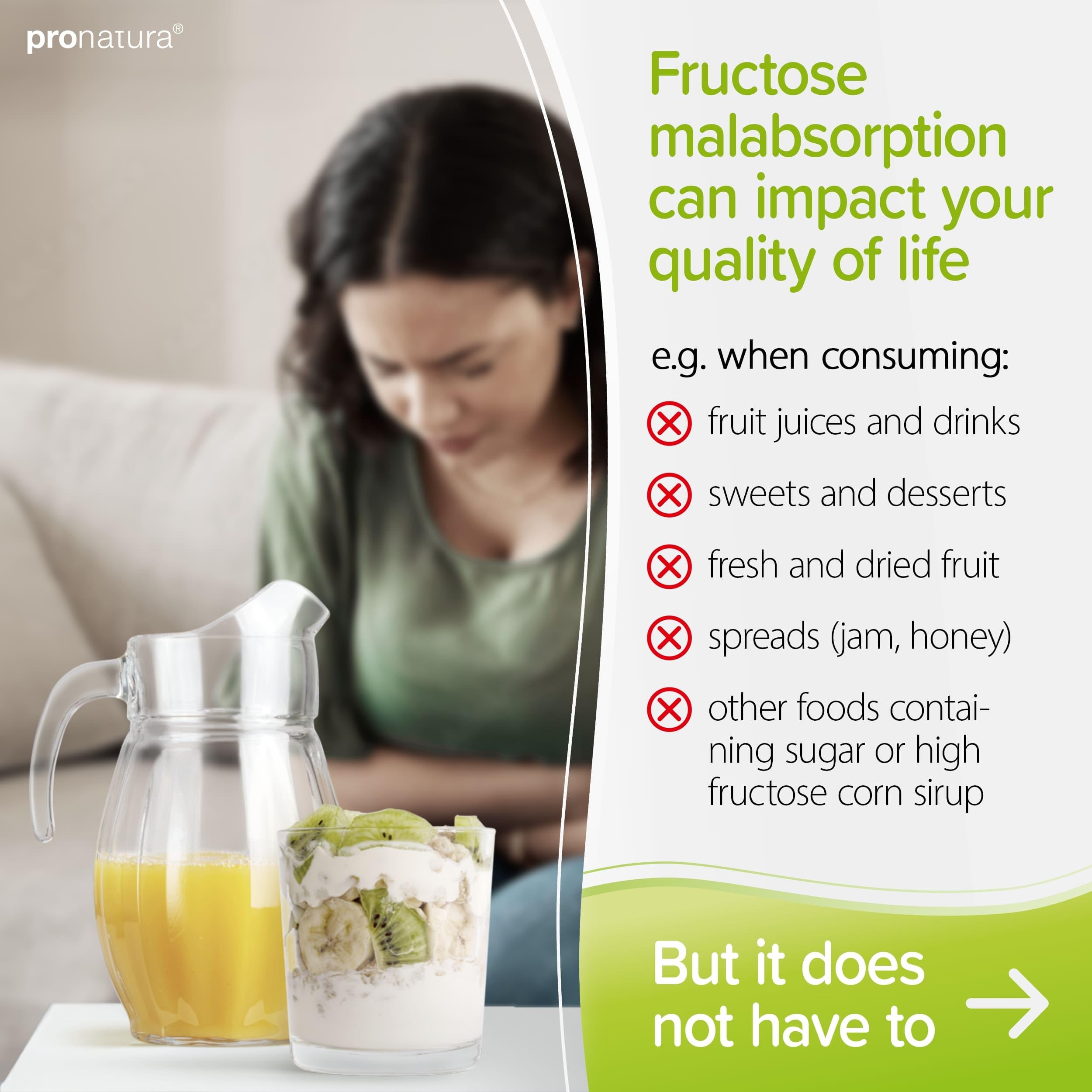 Fructaid usage guide image: take with liquids before fructose-containing meals.