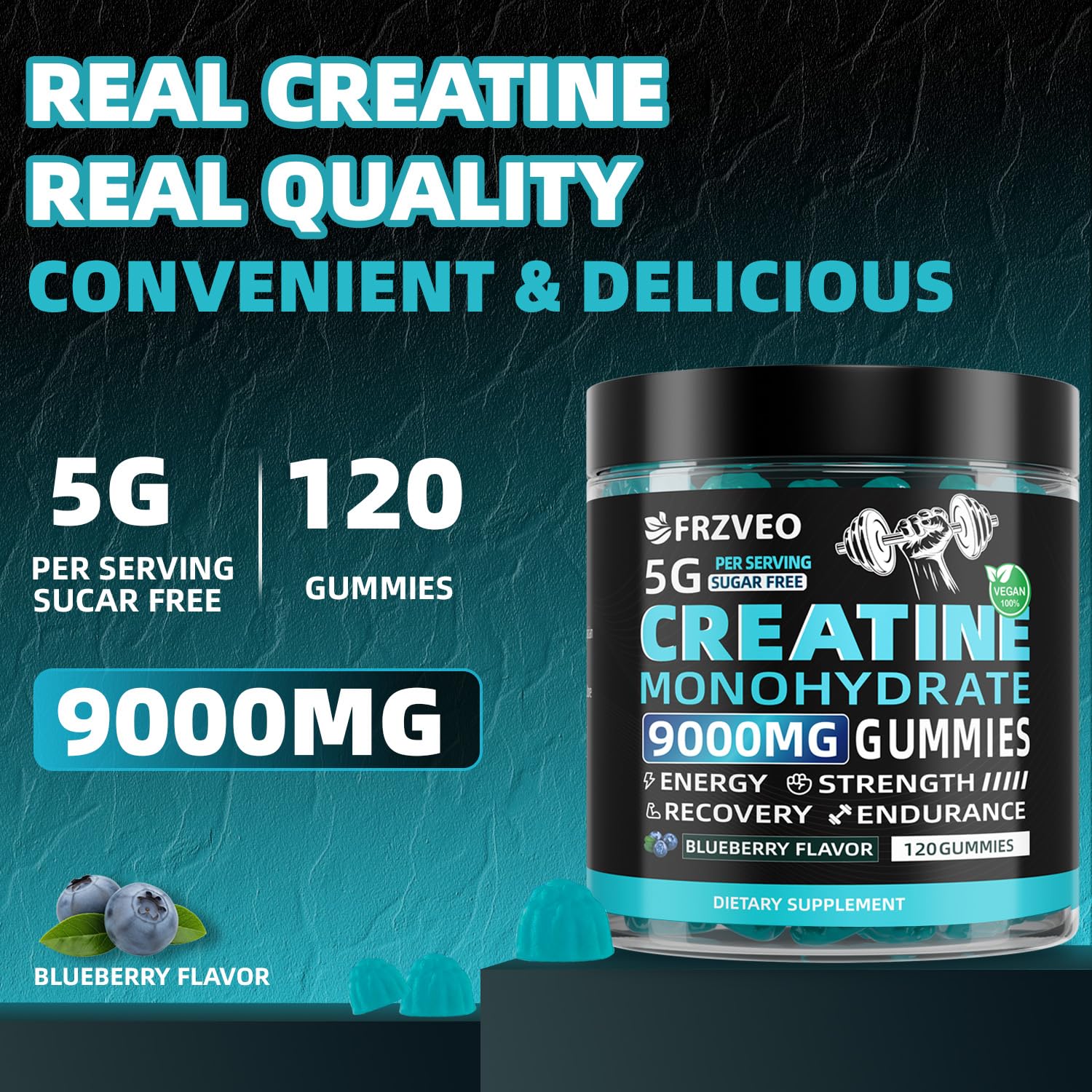 FRZVEO gummies serving image illustrates 5g creatine per serving