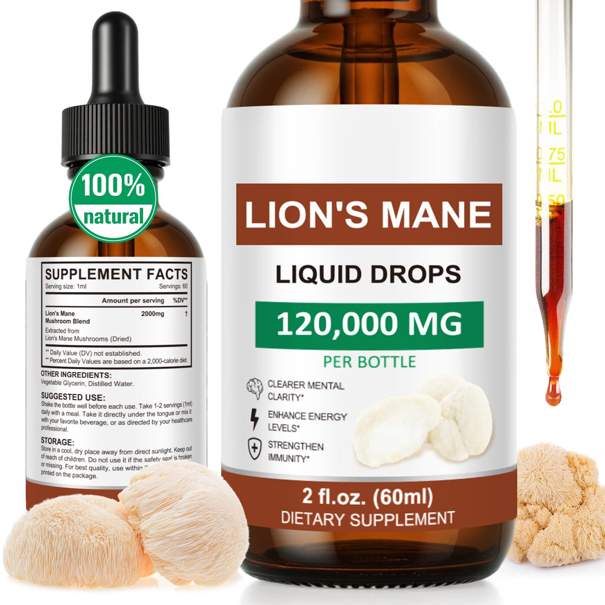 FSLHCY Lions Mane Drops bottle with dropper for easy daily focus support.