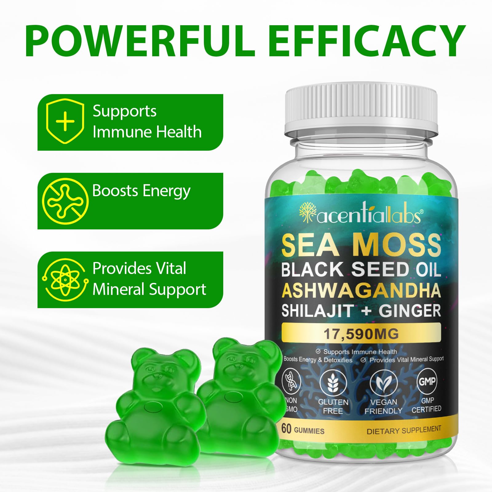 FSLHCY Sea Moss Gummies bottle with comprehensive wellness blend and nutrition facts.