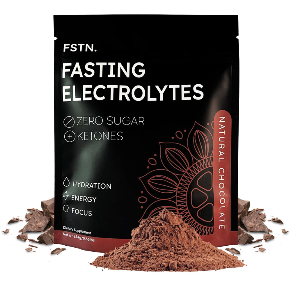 FSTN Chocolate Electrolytes bottle pour for easy fasting hydration and reduced hunger.