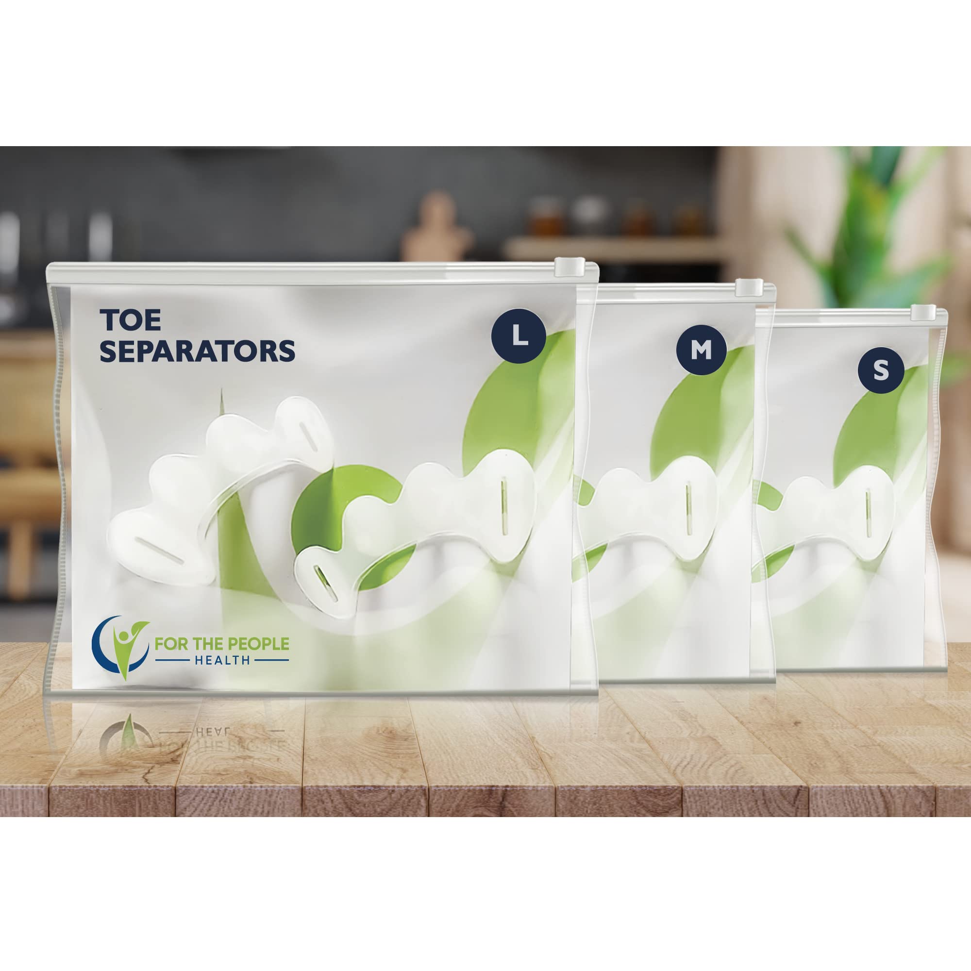 For The People Health toe separators worn in sneakers illustrate toe alignment benefits.