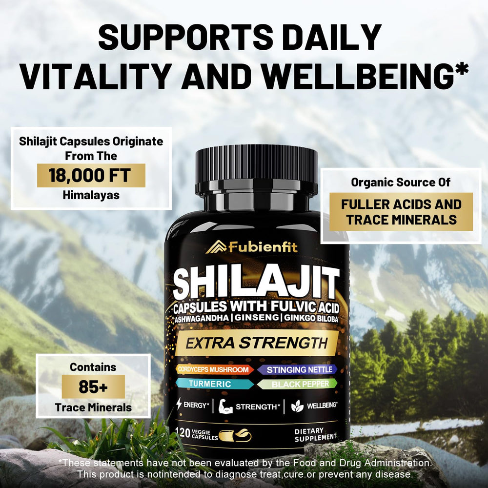 Fubienfit Shilajit with Ashwagandha root extract for balanced energy and wellness.