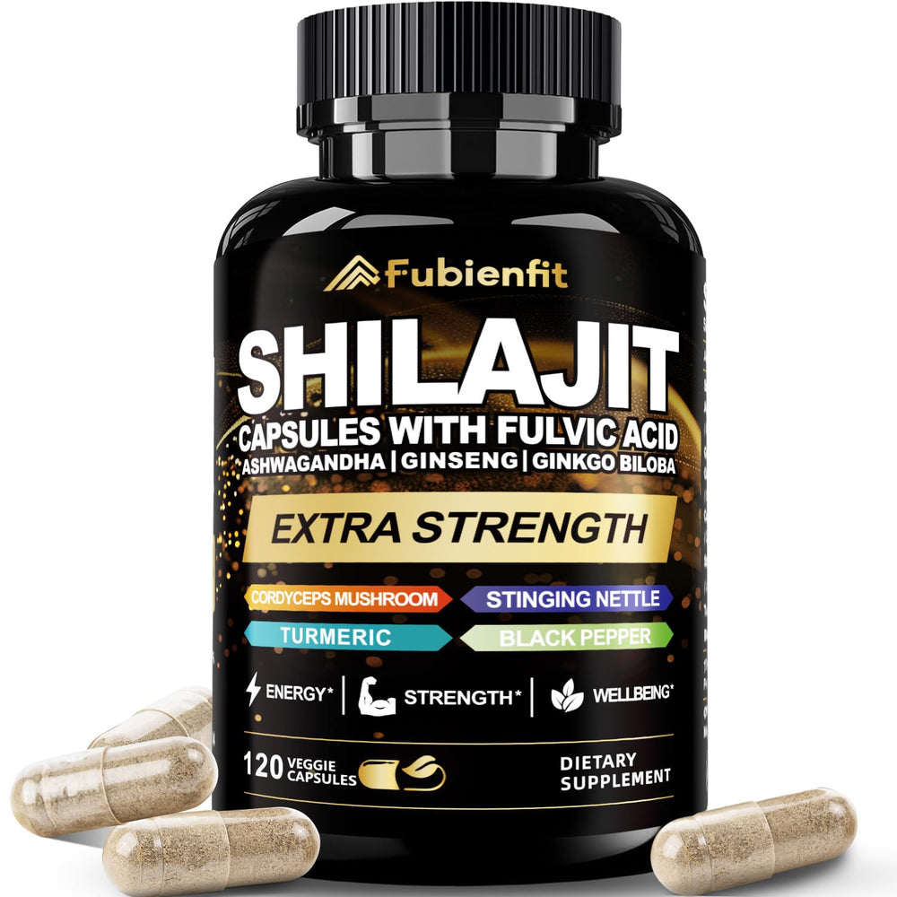 Fubienfit Shilajit Capsules bottle highlighting Himalayan formula for daily vitality and focus.