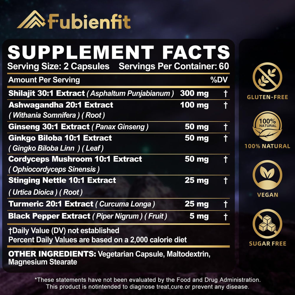 Fubienfit Shilajit capsules pour showing easy daily intake and convenience.