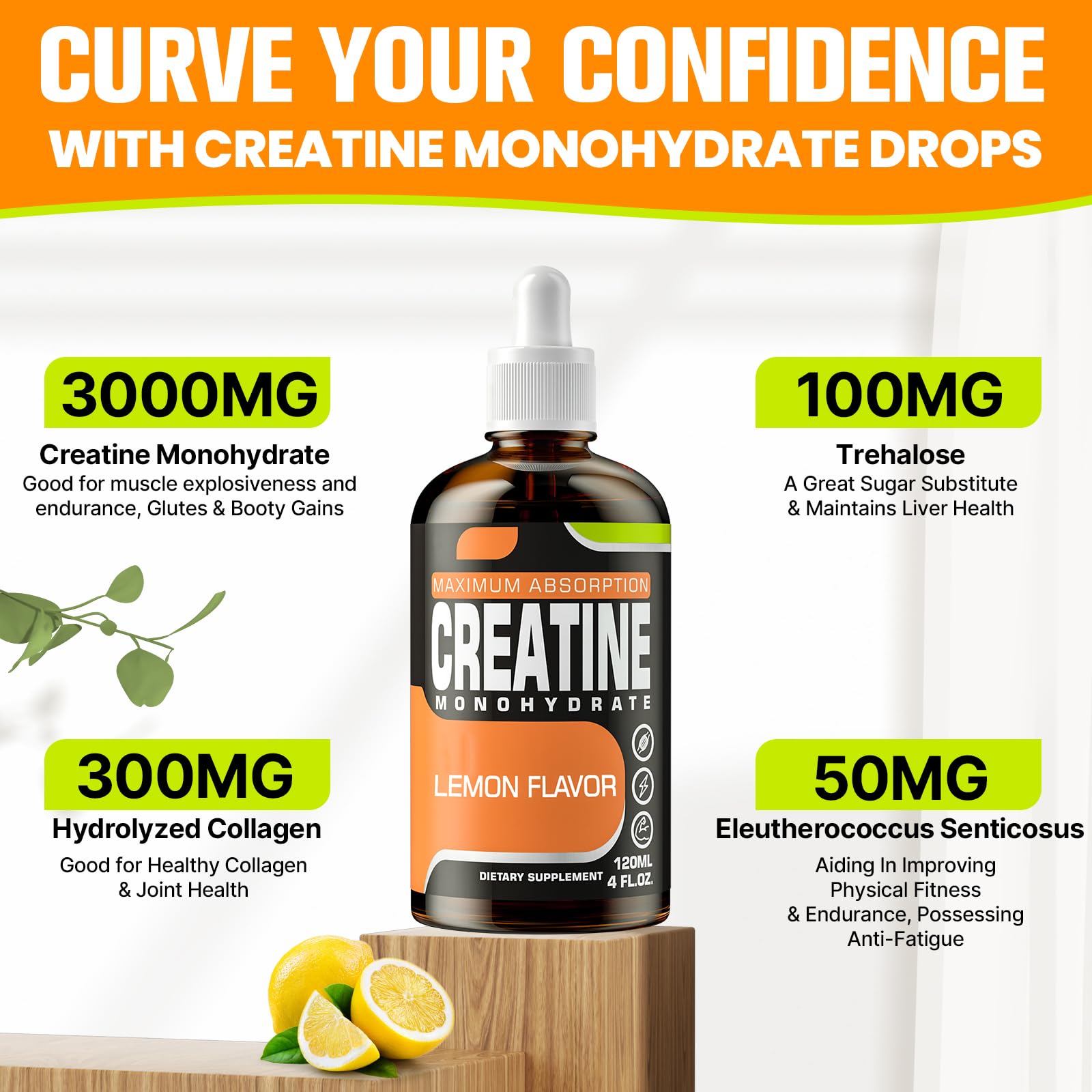 Fubkerm Creatine Liquid with lemon liquid beside gym essentials on bench