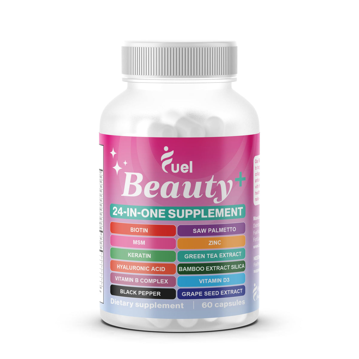 Fuel Beauty+ 24in1 bottle front highlighting biotin and hyaluronic acid for hair and skin