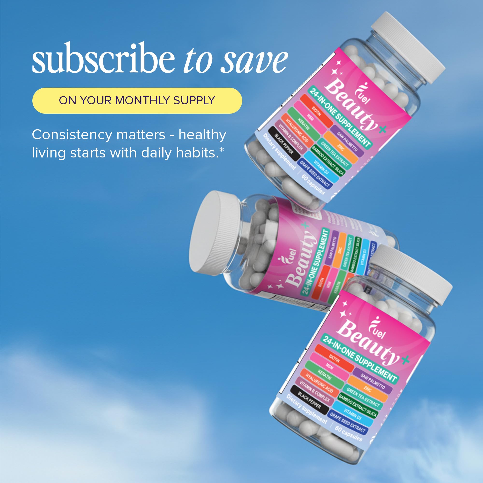 Fuel Beauty+ 24in1 label open showing ingredients including biotin and hyaluronic acid