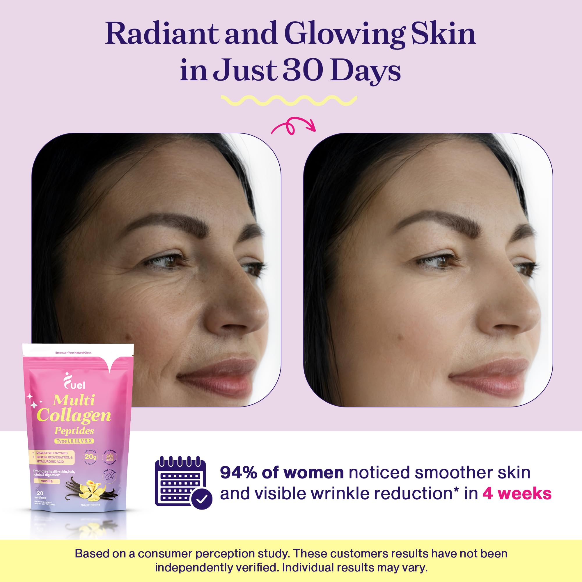Fuel collagen scoop beside glass of water illustrates easy absorption.