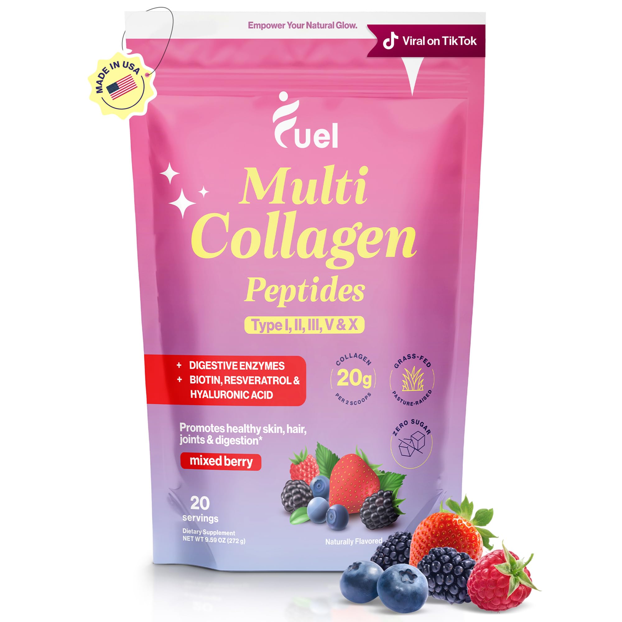 Fuel Multi Collagen Powder tub front showcasing flavor and beauty support for hair and skin