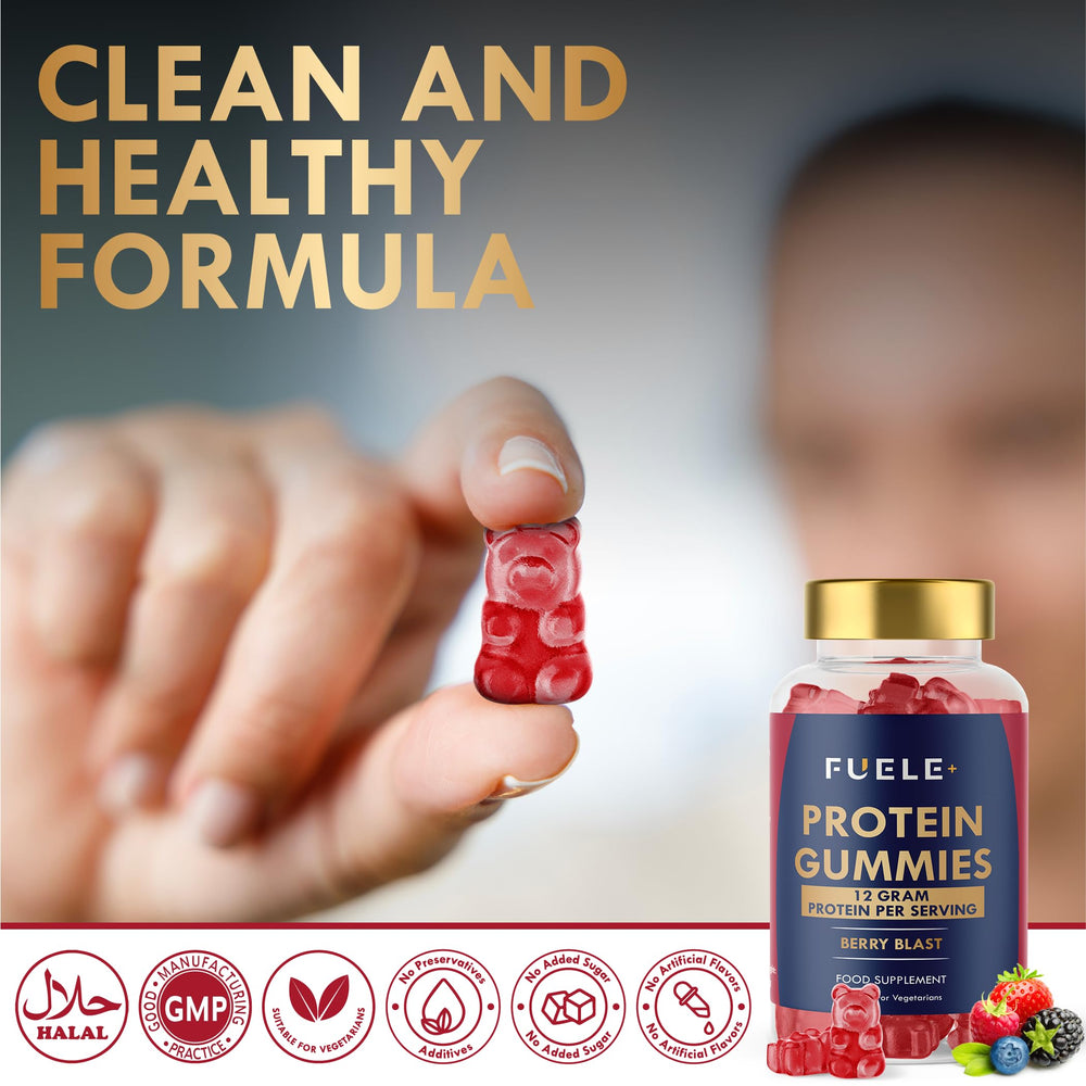 Vibrant mixed berry FUELE+ gummies coloring appealing post-workout snack.