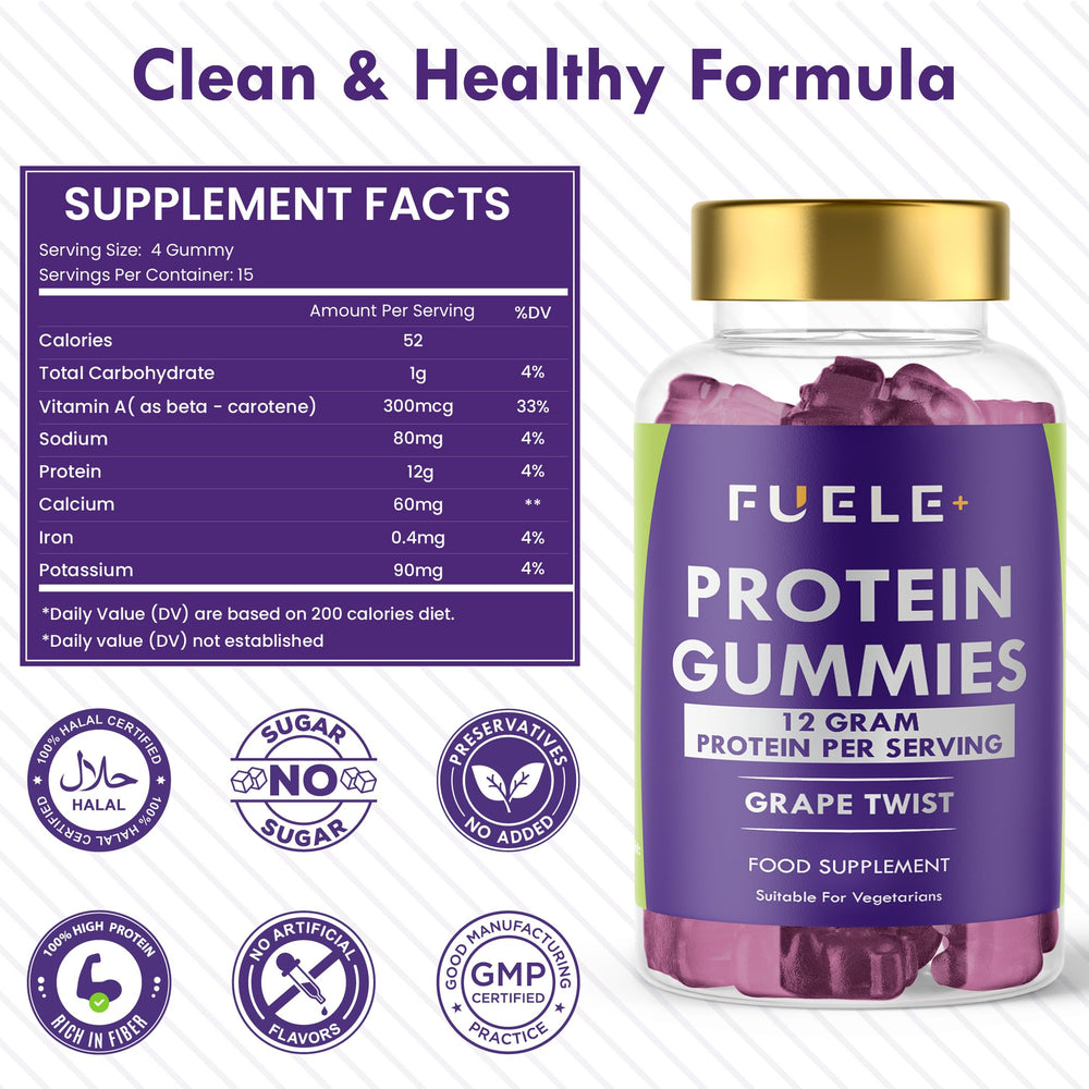 FUELE+ Whey Protein Gummies grape-twist active-lifestyle-scene suggests gym-ready snack potential