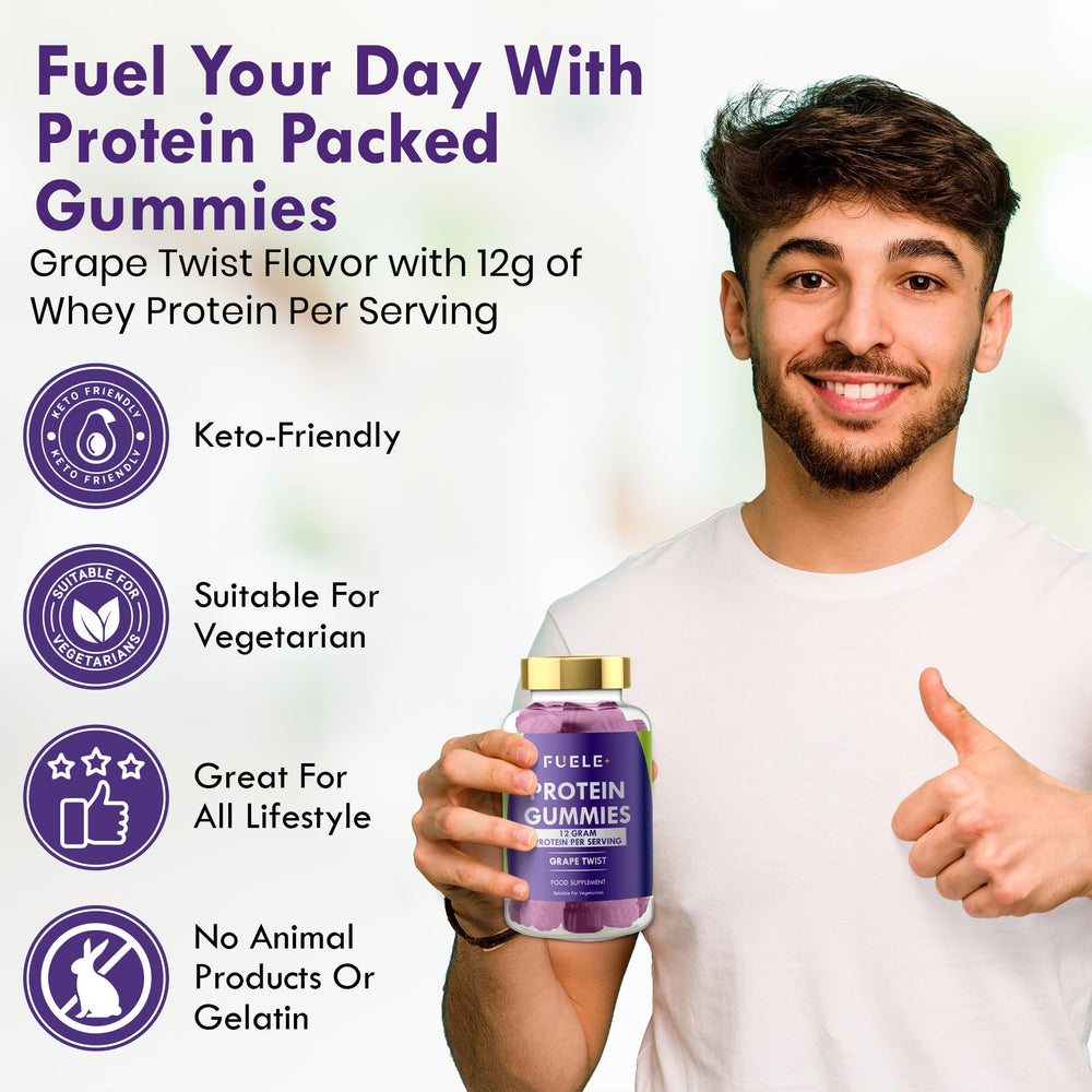 FUELE+ Whey Protein Gummies grape-twist serving pack highlights portable protein boost on the go