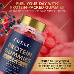 Close-up of FUELE+ gummies showing chewy texture and 12g protein per serving.