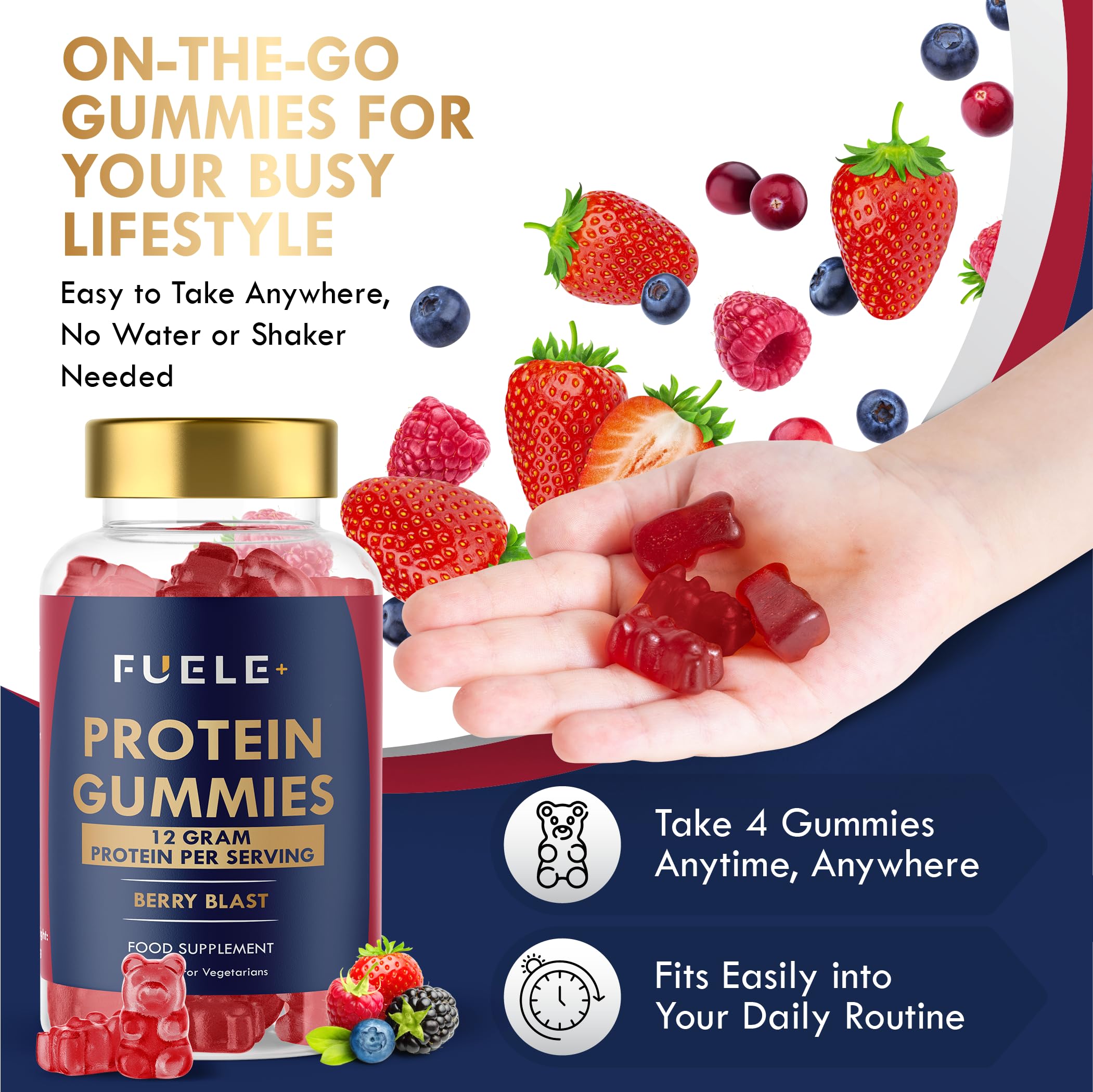 On-the-go gym bag scene with FUELE+ gummies for quick fueling after workouts.