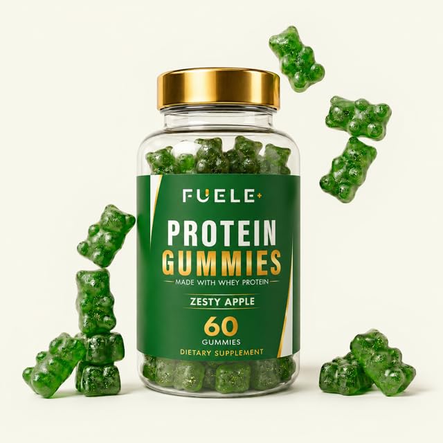 FUELE+ Whey Protein Gummies bottle showcasing zesty apple flavor for convenient protein.