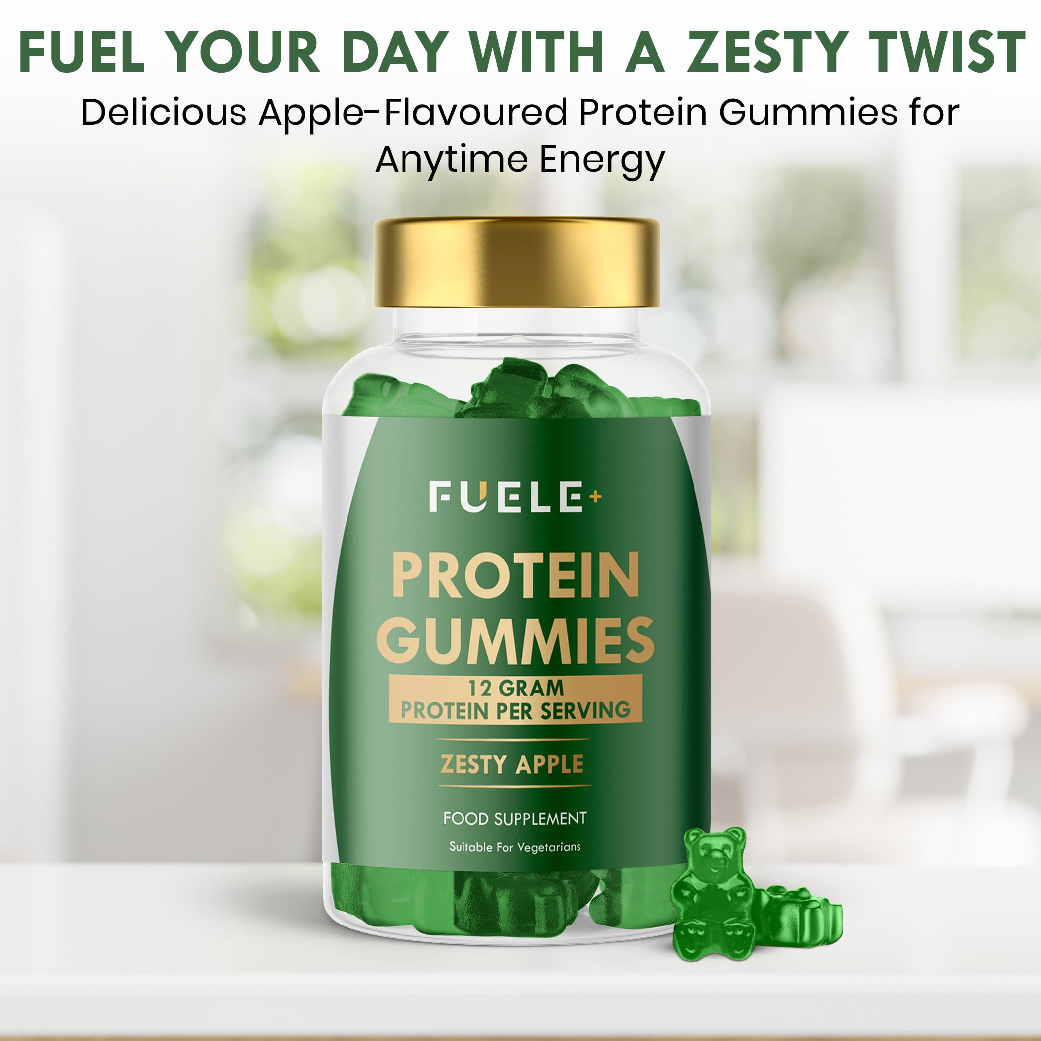 Close-up of FUELE+ gummies shows chewy texture and bright apple aroma