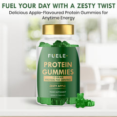 Close-up of FUELE+ gummies shows chewy texture and bright apple aroma