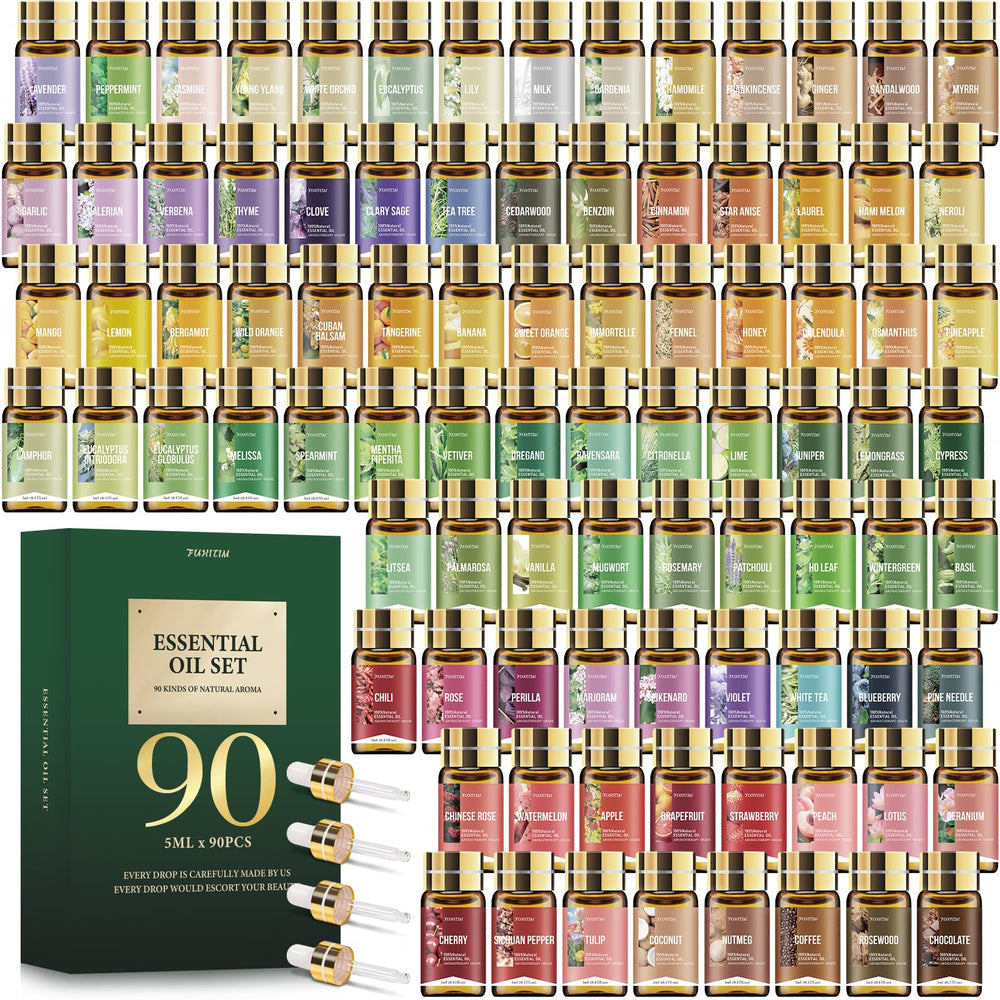 FUHITIM 90 Pcs essential oil set bottles lineup for diffuser aroma and DIY projects.