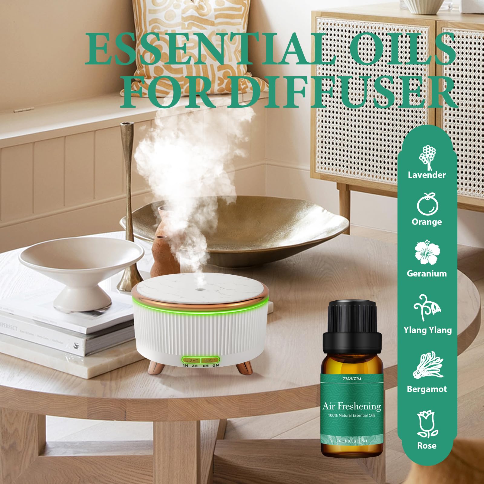 FUHITIM diffuser setup scene enhances living space ambiance with aroma oils.