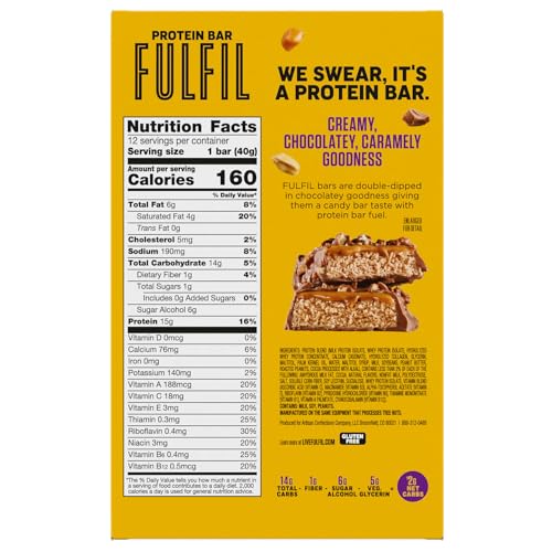 FULFIL bar cross-section highlights peanuts, caramel creme, and chocolate layers