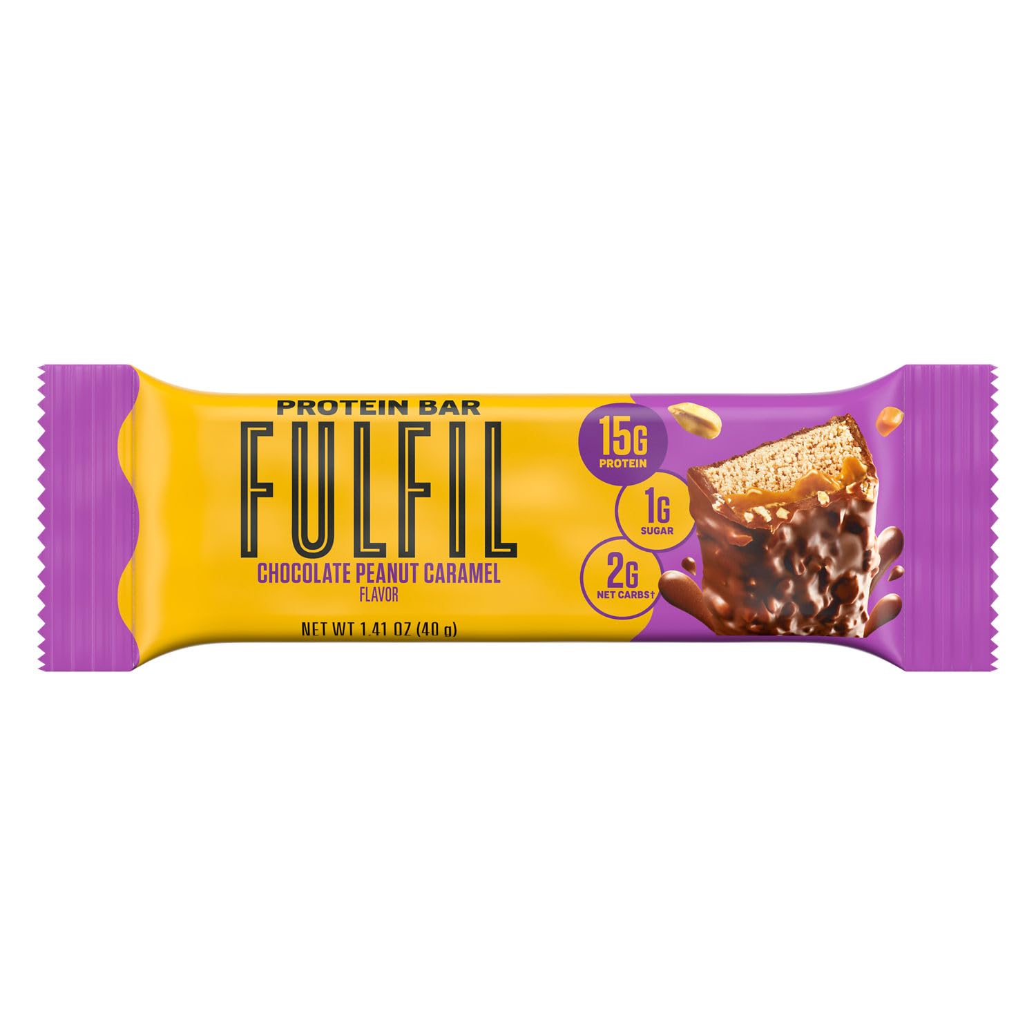FULFIL bar close-up shows real peanuts and rich chocolate topping